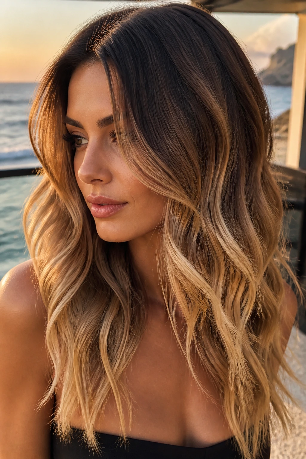 Real woman with chestnut-to-blonde melt hair on a seaside balcony