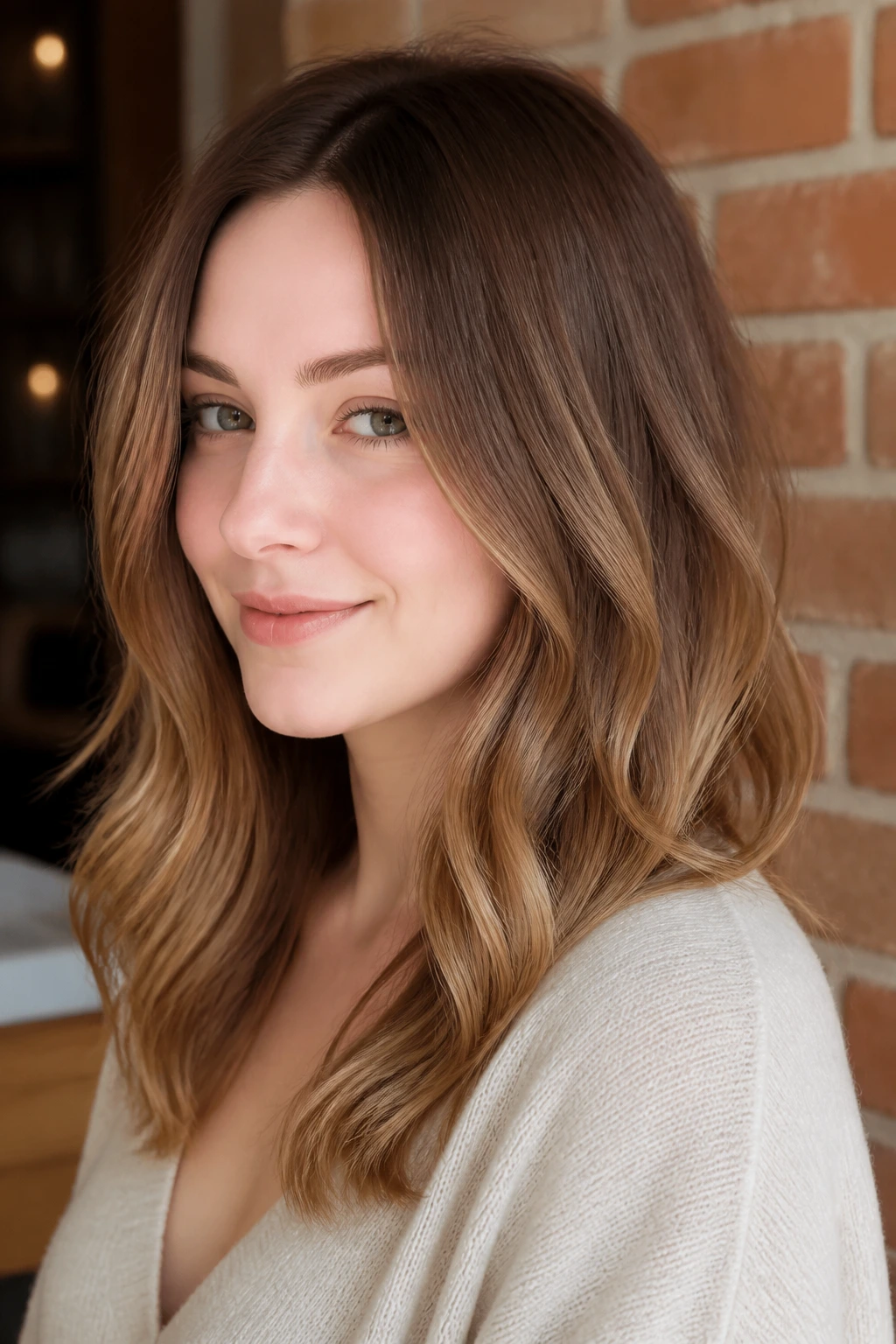 Close-up of real woman with chestnut toffee melt balayage in warm interior light