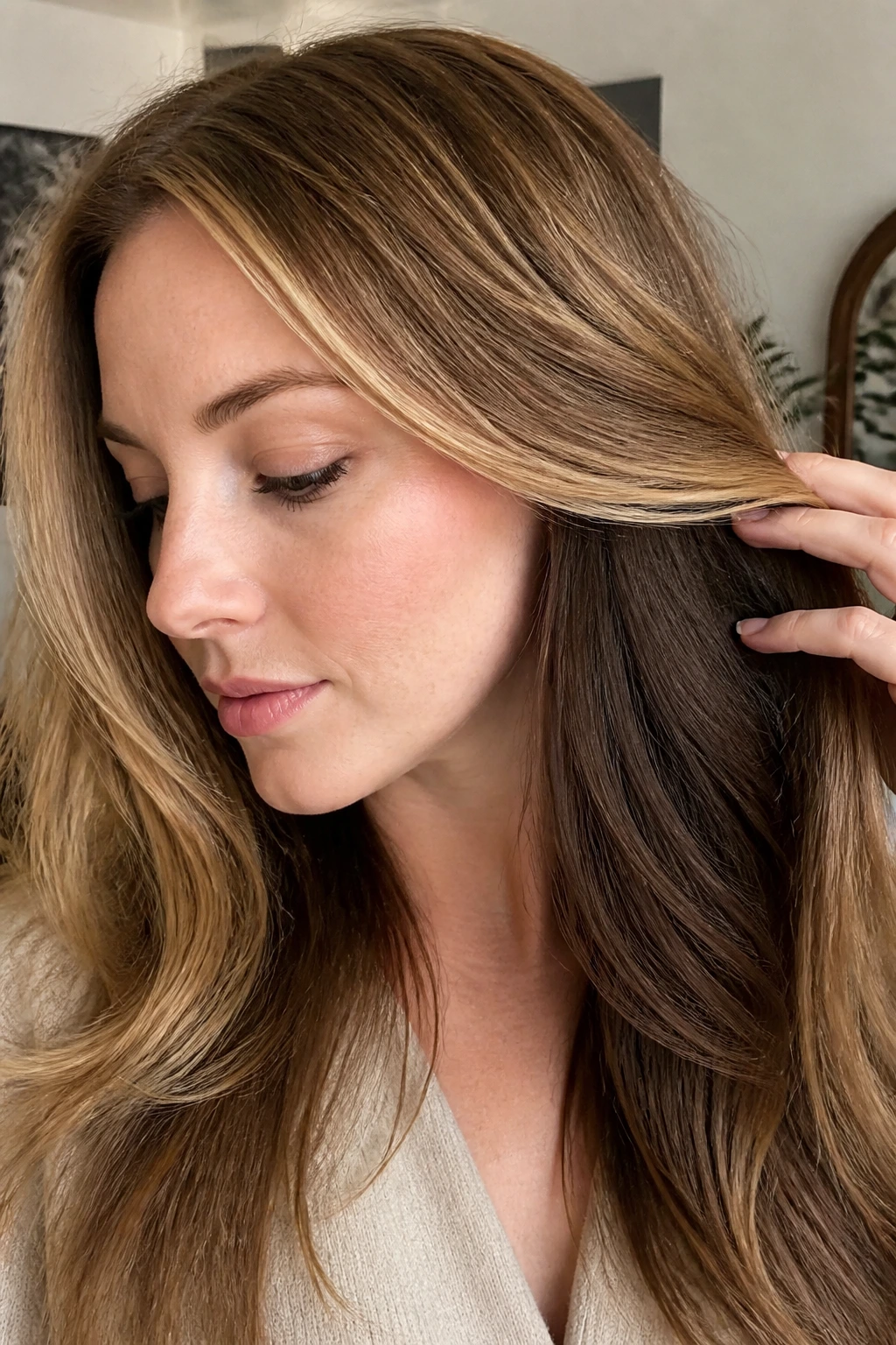 Close-up of hair showing chestnut underlayer sweep beneath lighter surface on pale skin.