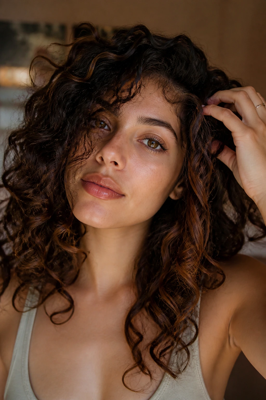 Underlayer chestnut peeking through curls on a real person