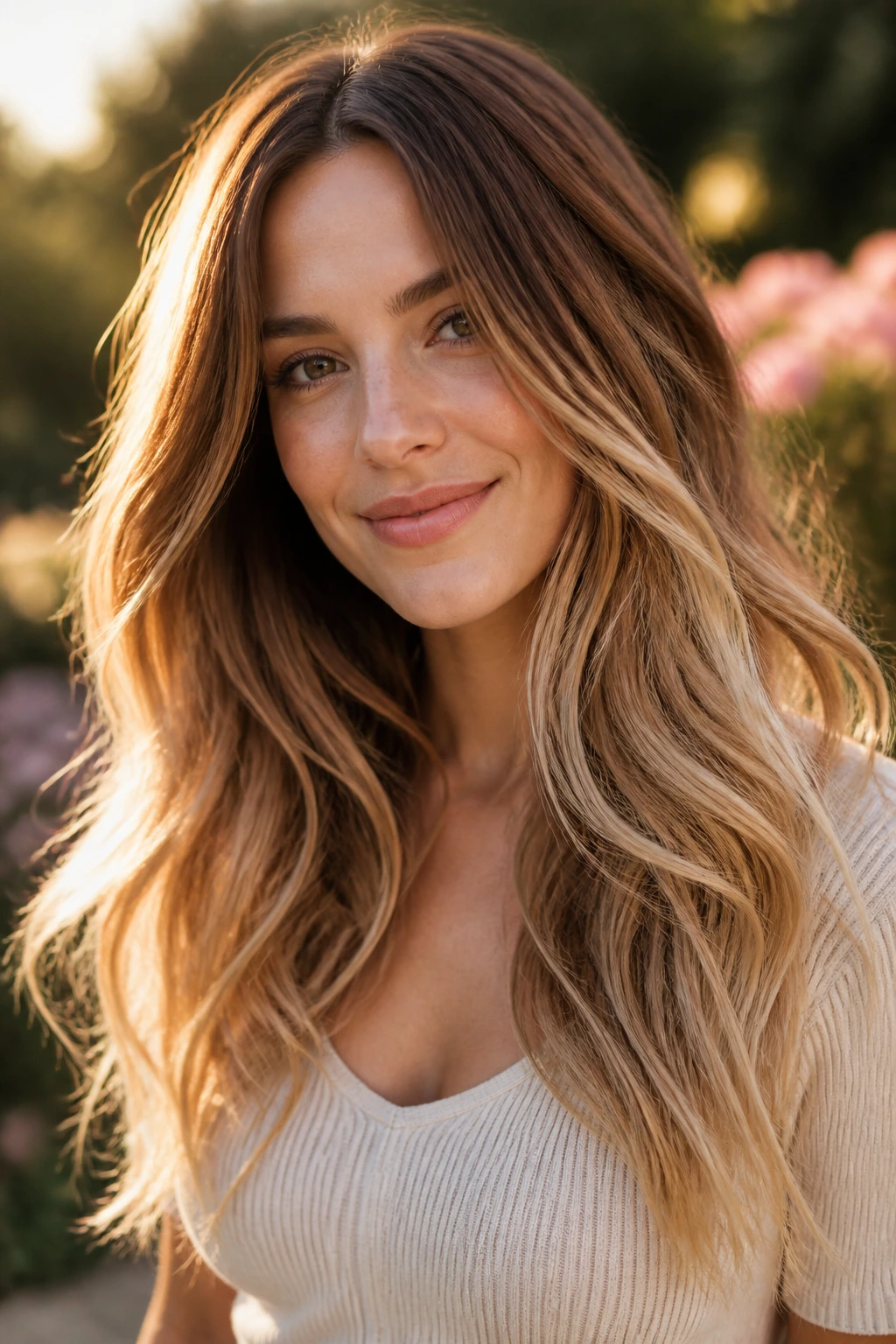 Close-up portrait of a real person with chestnut-to-vanilla melt hair