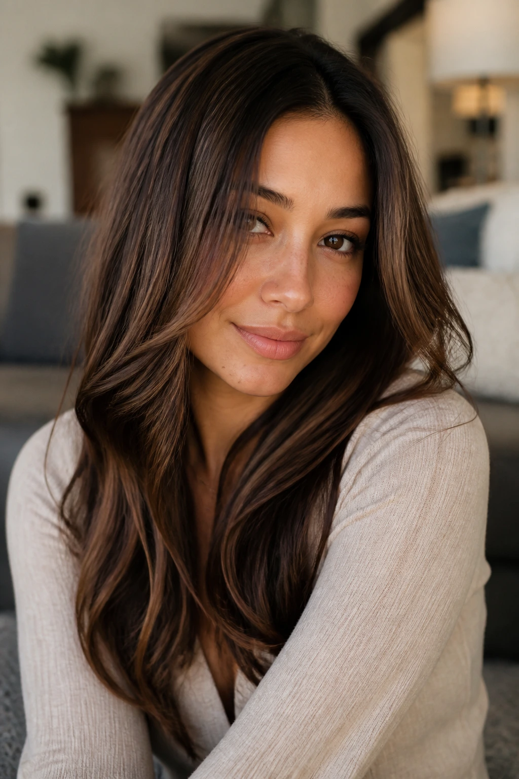 Real person with chestnut veil highlights adding dimension on dark hair.