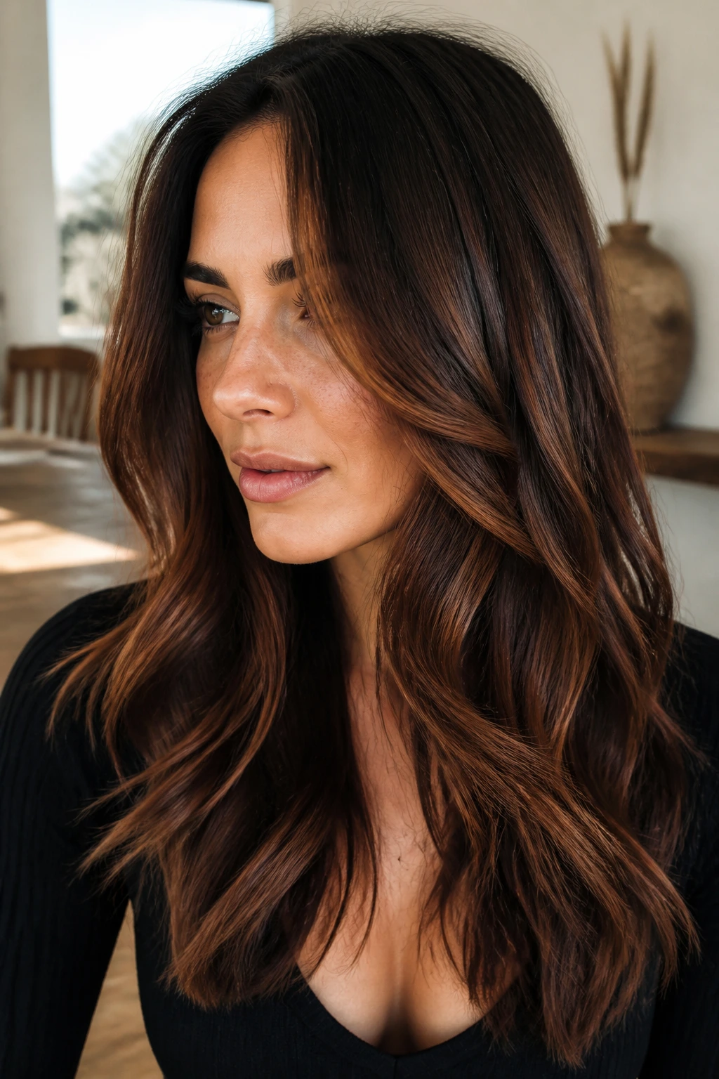 Brunette with chestnut veil highlights around the front