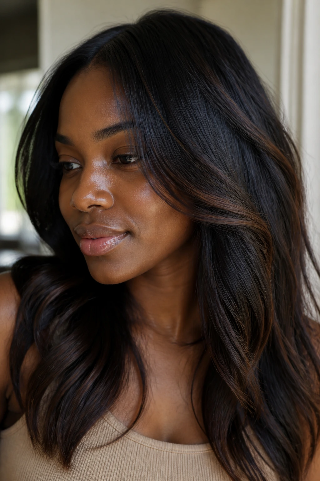 Close-up of natural black hair with a barely there chestnut veil and soft brown sheen