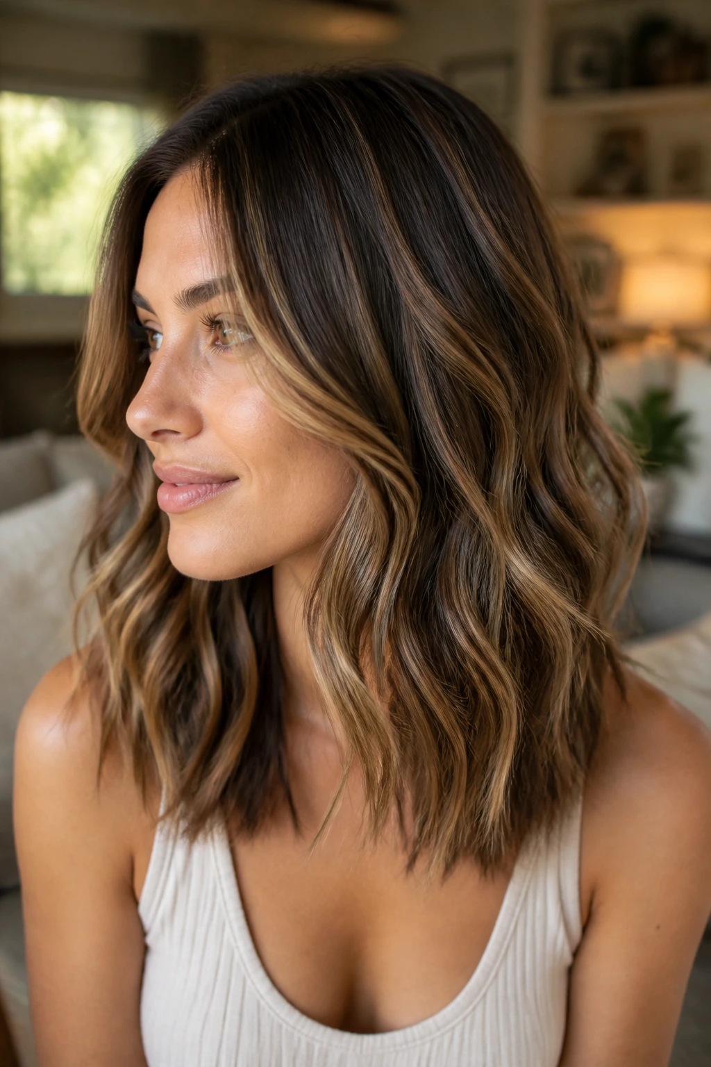 Close-up of a woman showing chestnut and wheat blend in hair