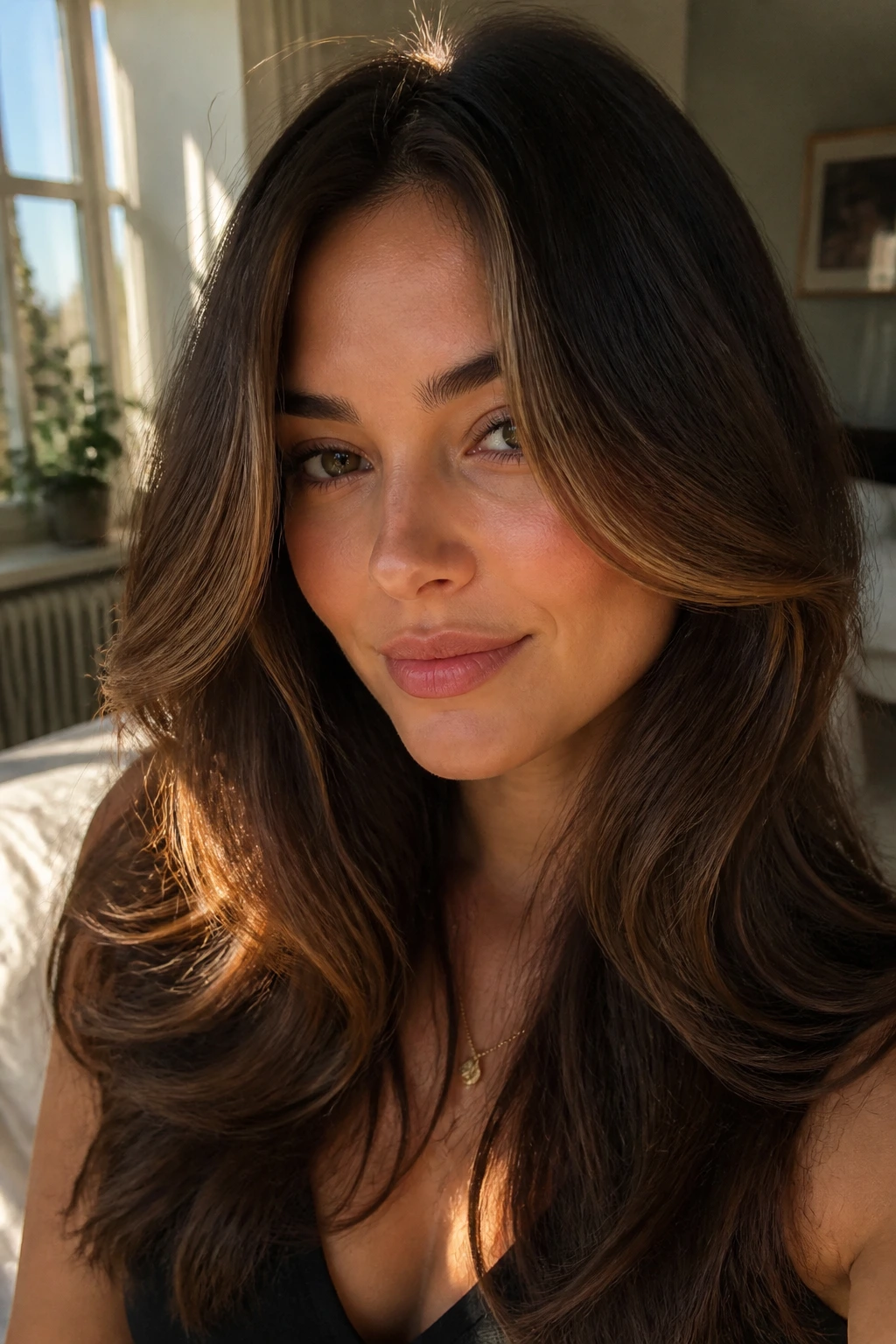 Close-up portrait of a brunette with chestnut honey face-framing highlights