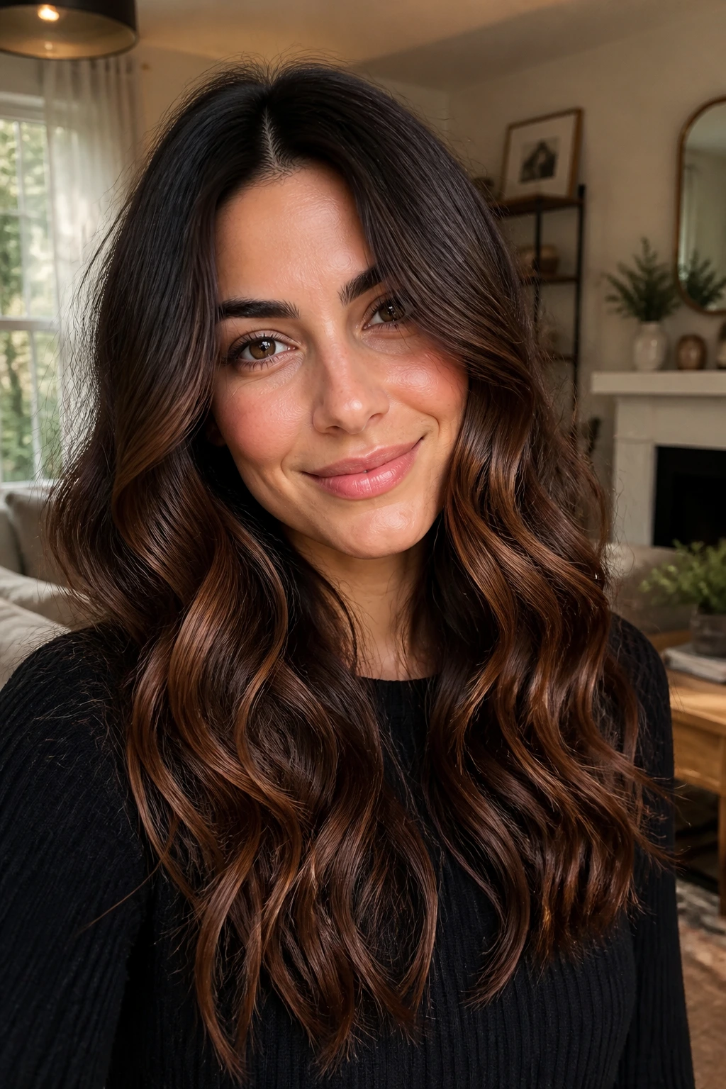 Close-up portrait of a real person with chestnut caramel hair highlights under warm indoor light