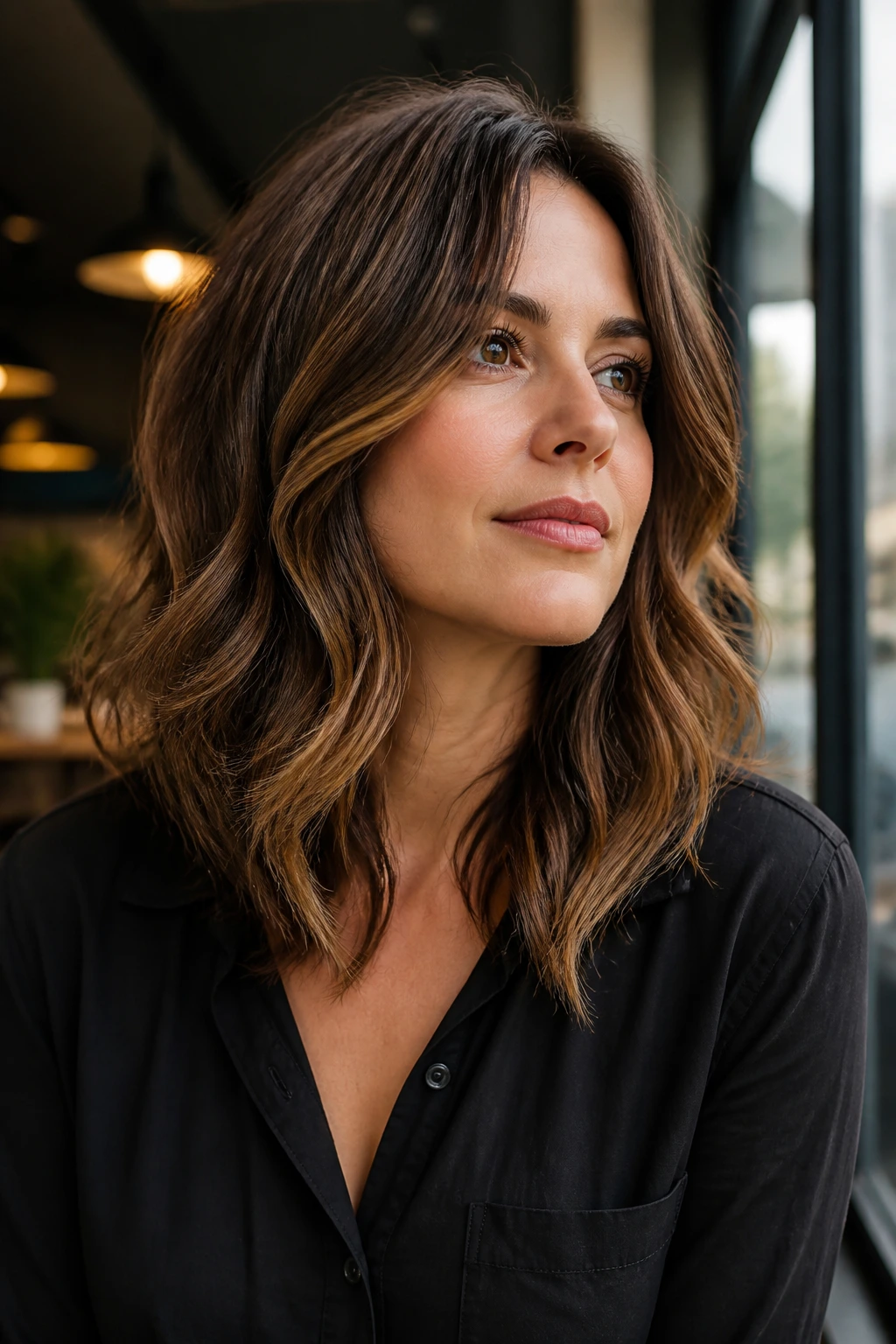Portrait of a real woman showcasing a chevron face frame angle hairstyle