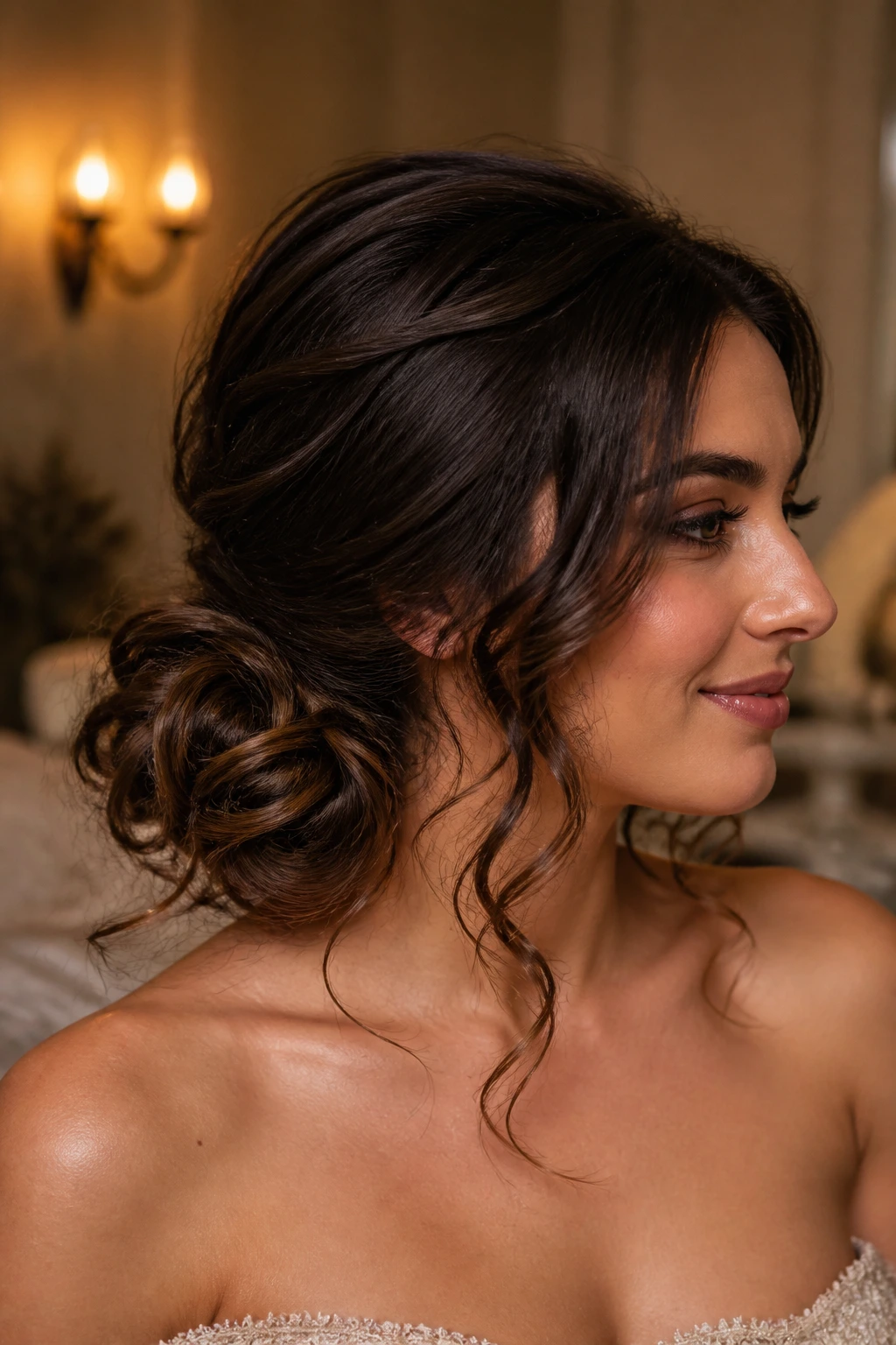 Close-up of a real woman wearing a Low Side Chignon with Curled Ends.