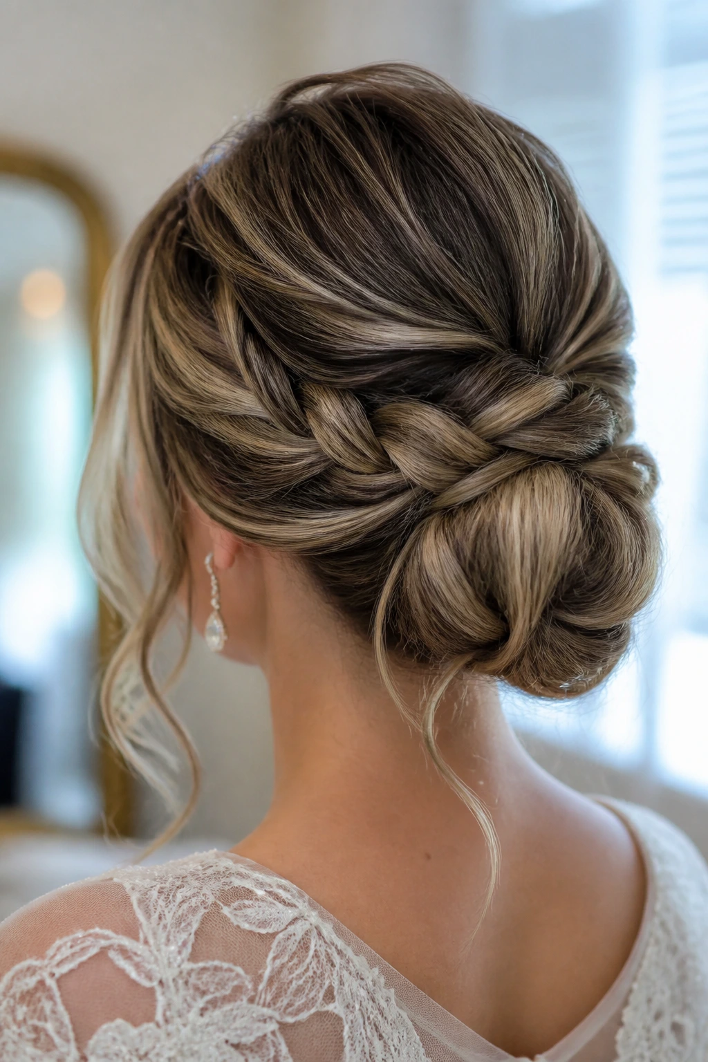 Back-of-head view of chignon with hidden braid base on a real bride