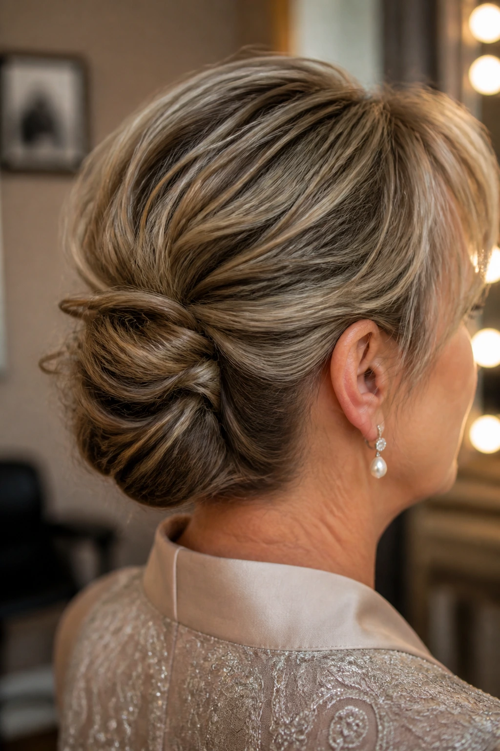 Close-up of a real woman showing a chignon illusion at the nape of short hair