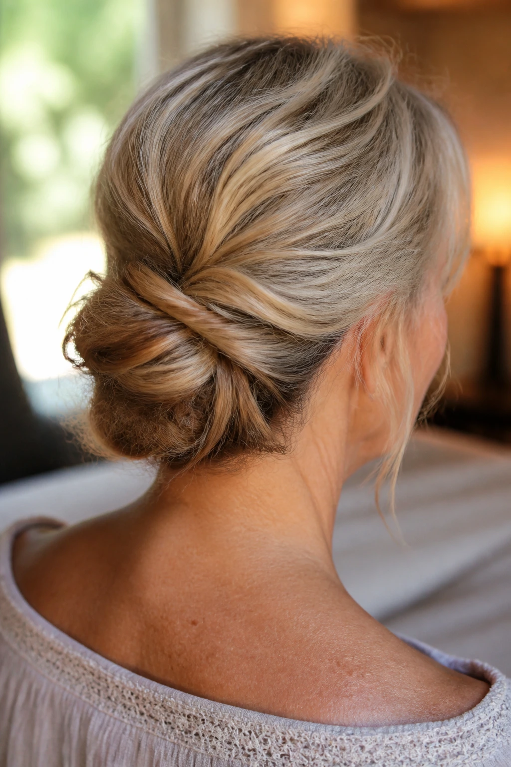 Real woman with a soft, undone chignon at the nape using clip-in fillers