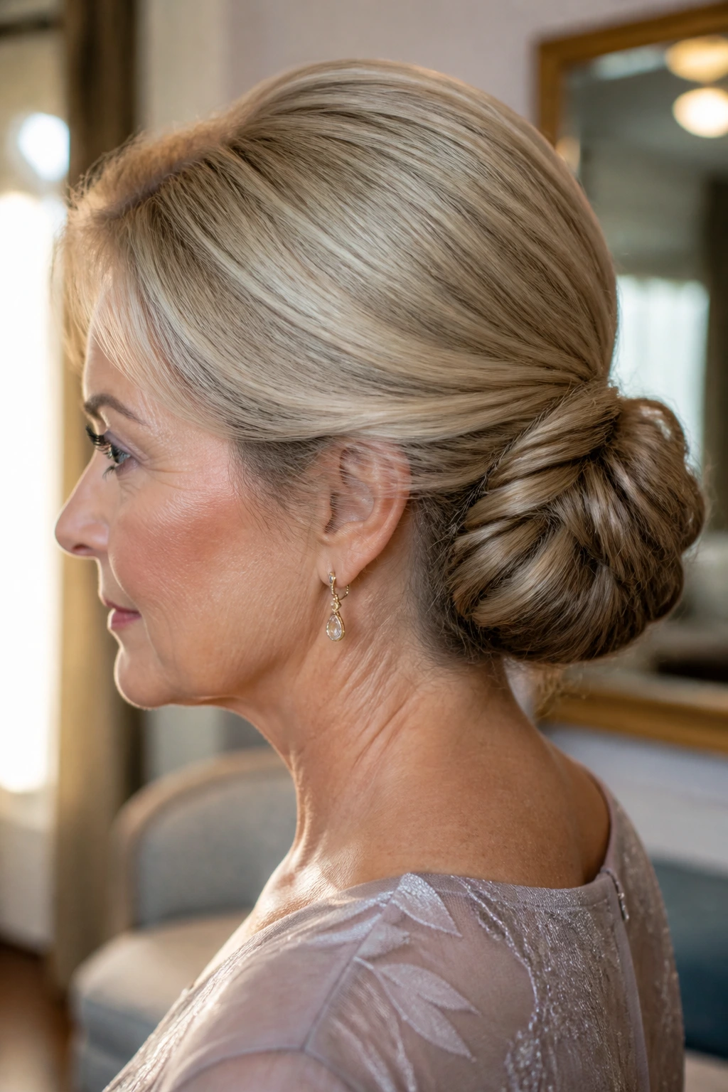 Close-up of a low chignon with a smooth top and textured bun on a real bridal model