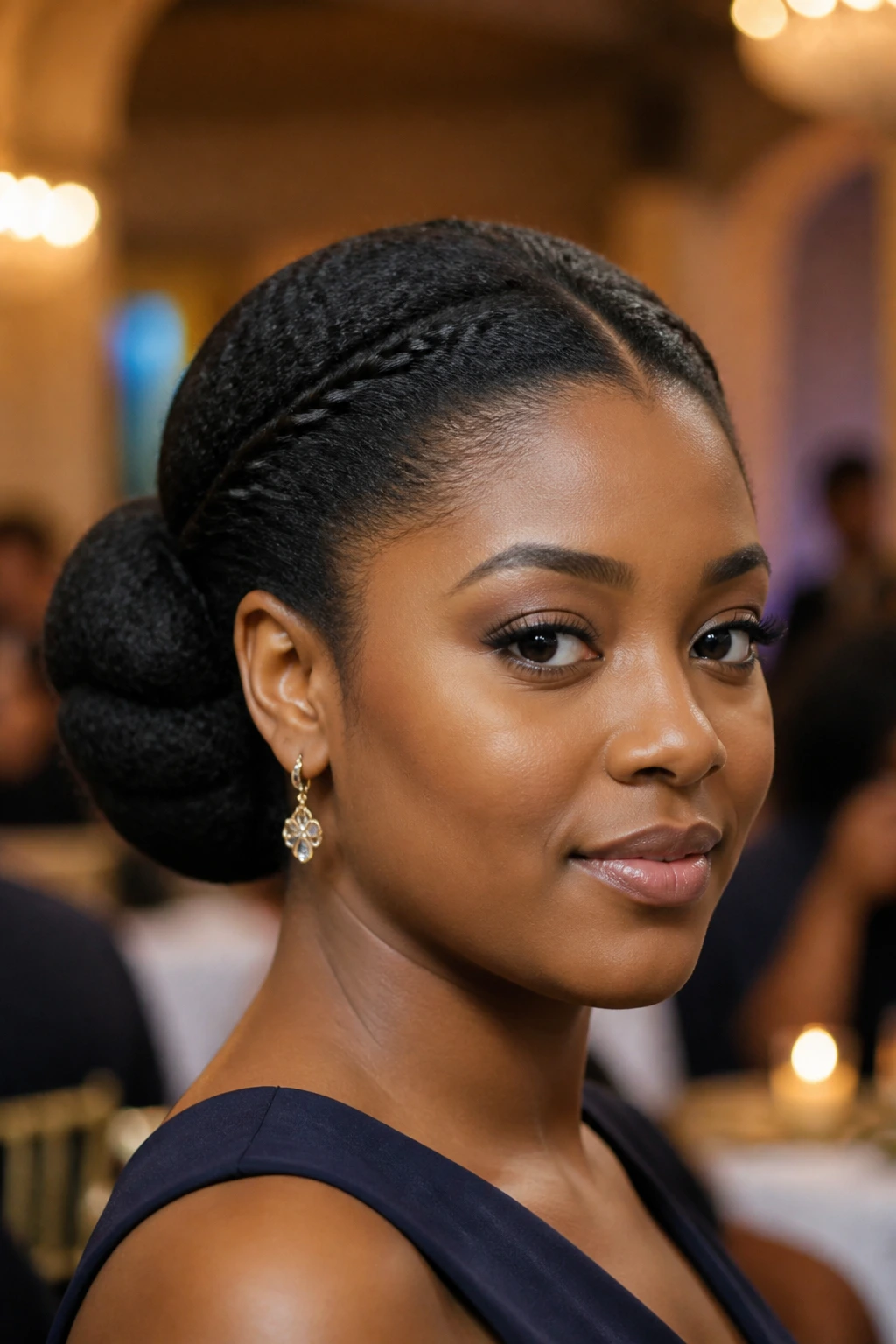 Close-up portrait of a woman with a low rolled chignon and twisted sides