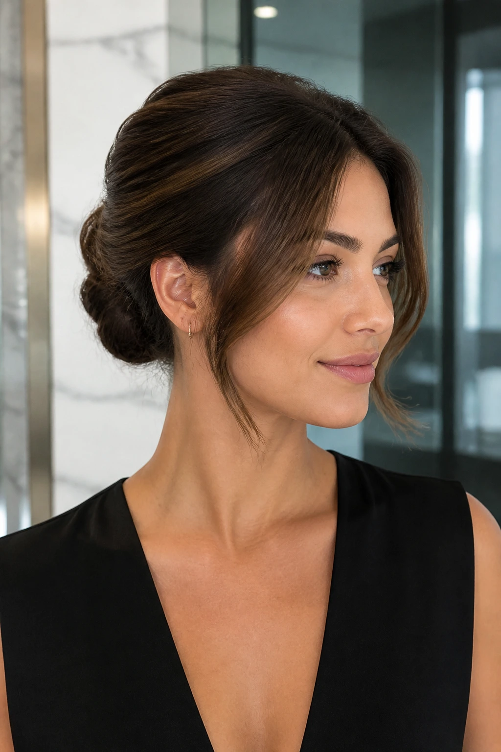 Portrait of a woman with a sleek roll-up chignon and soft front shaping.