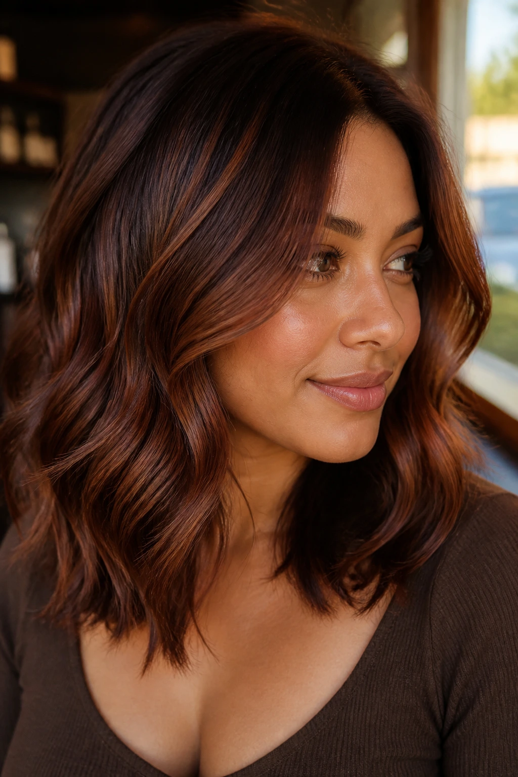 Close-up of chili chocolate hair lowlights on a real person