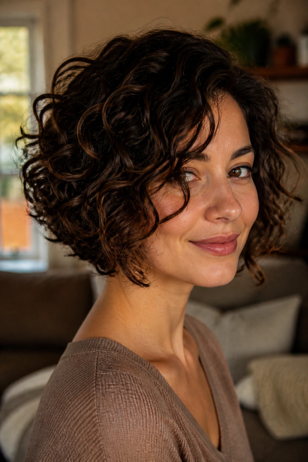 Close-up of a woman with a chin-angled bouncy bob