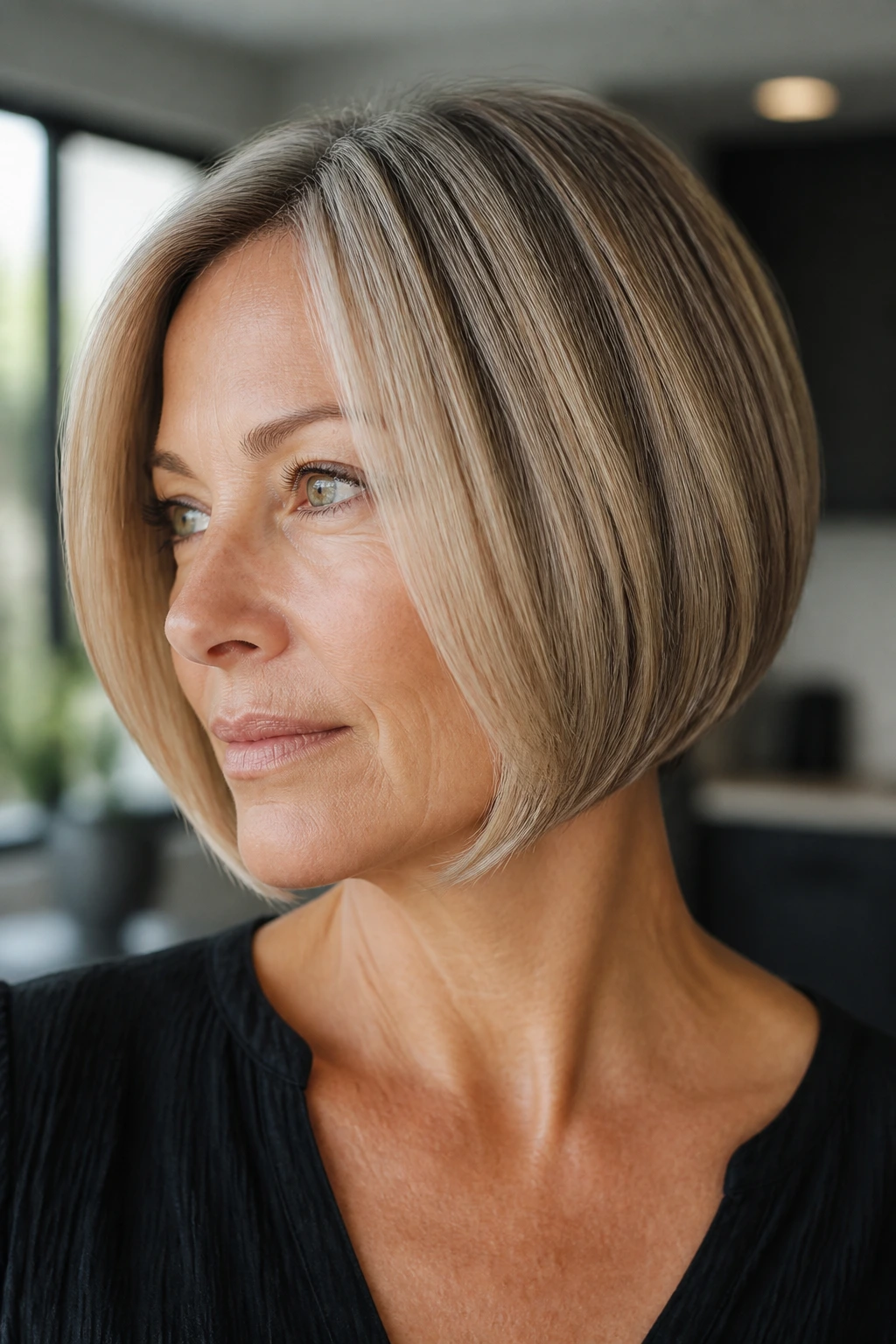 Real woman with chin-bevel inverted bob showing under-turned ends