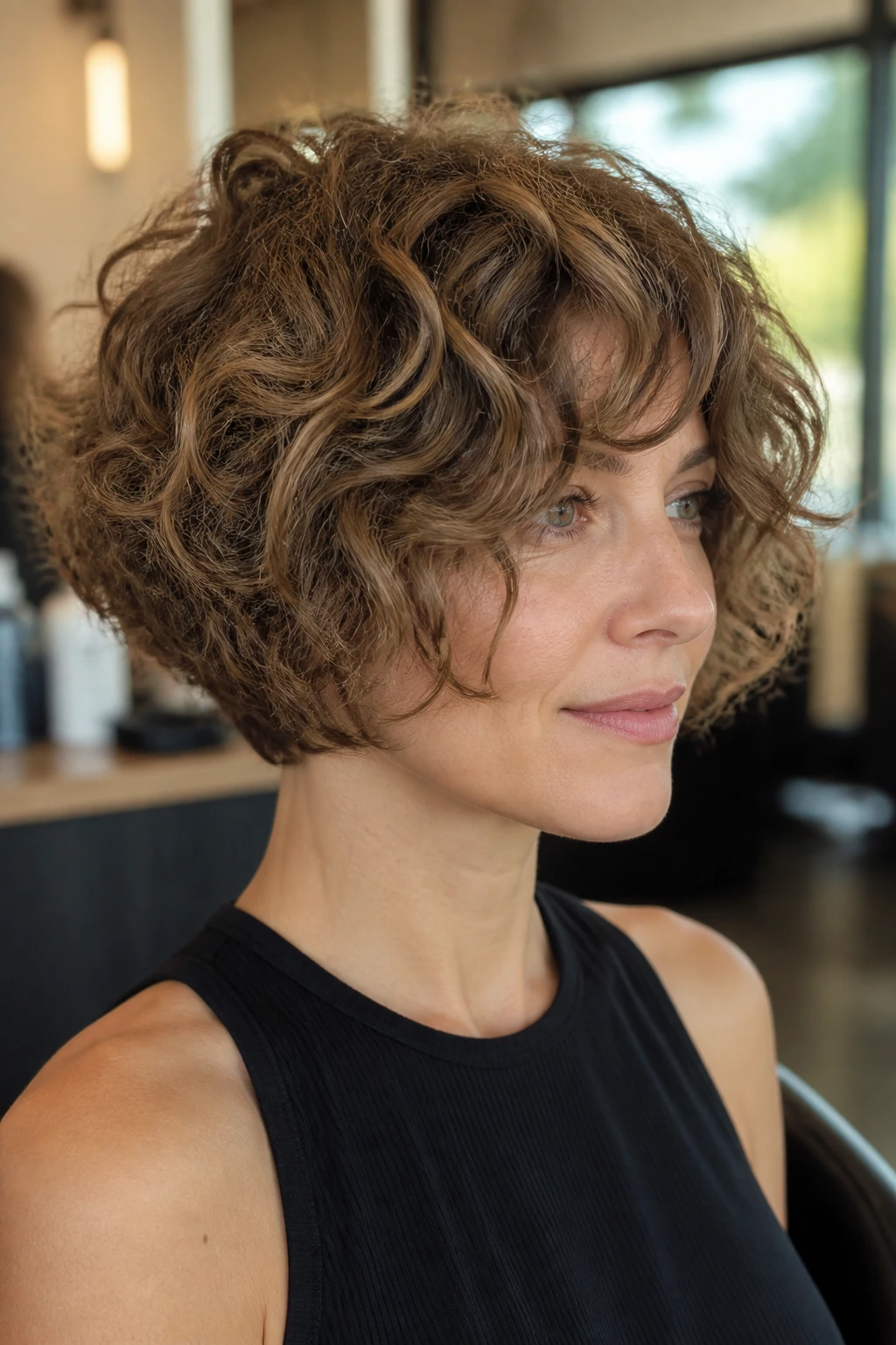 Close-up portrait of a woman with a brushed-forward chin bob