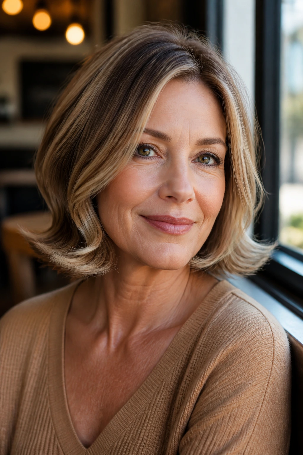Close-up of a real woman with chin bob and flipped ends in cafe window light