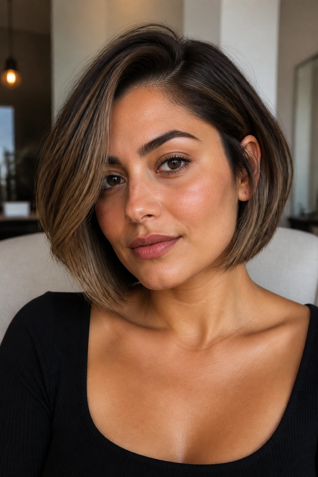 Portrait of a woman with side-parted chin bob and smoky beige panels on olive skin
