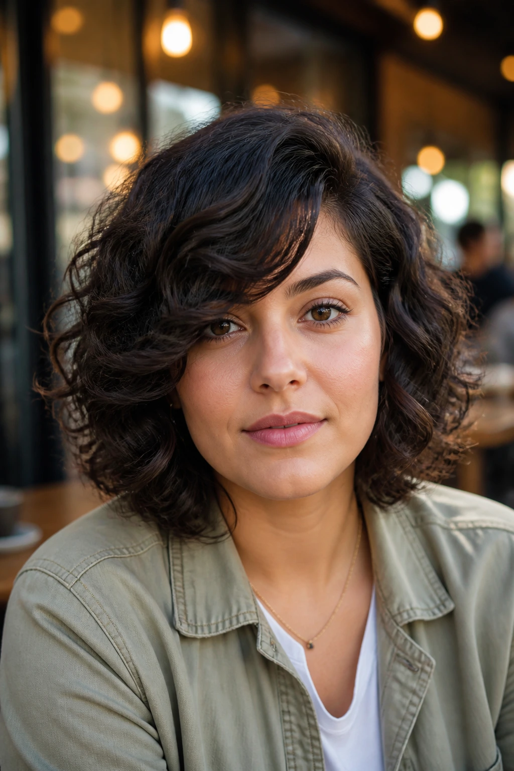 Close-up of real person with chin-bypass layers and side-swept fringe.