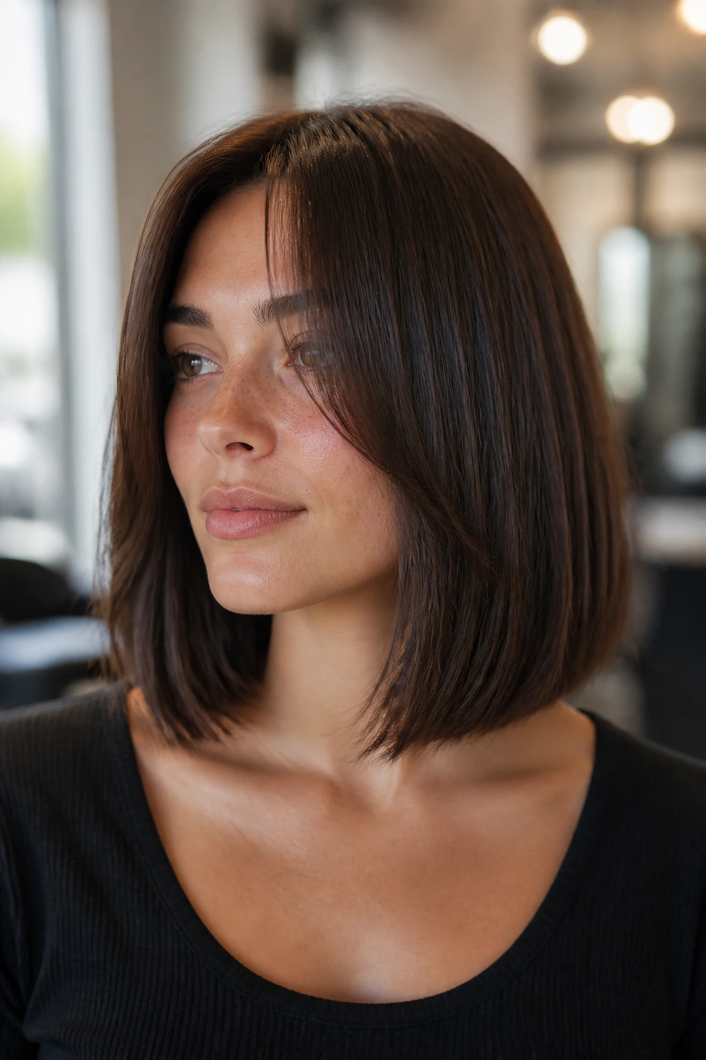 Close-up portrait of a real woman with a chin-to-clavicle bob and curtain bangs.