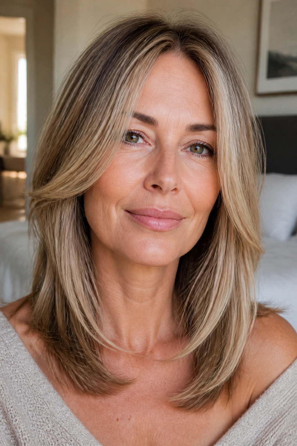 Close-up of a real woman with chin-to-collarbone face-framing layers around the cheeks