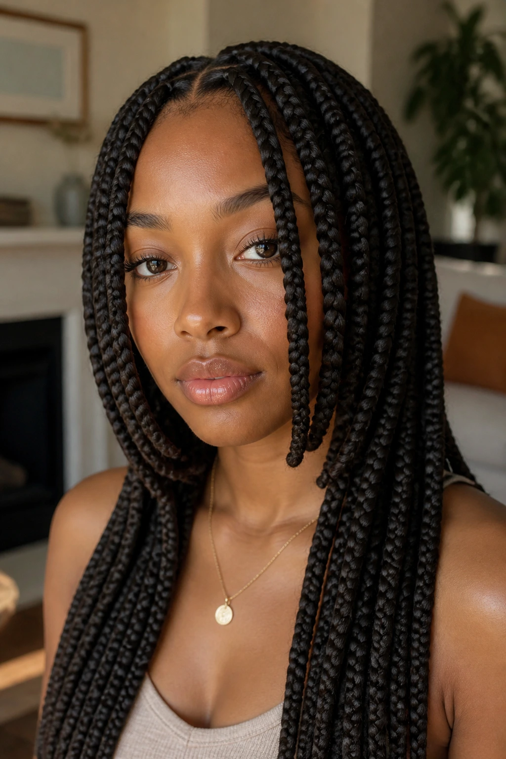 Chin-skimming curtain layers jumbo box braids close-up portrait