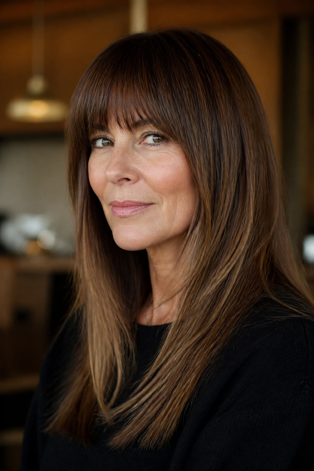 Portrait of a real woman with chin-frame layered bangs