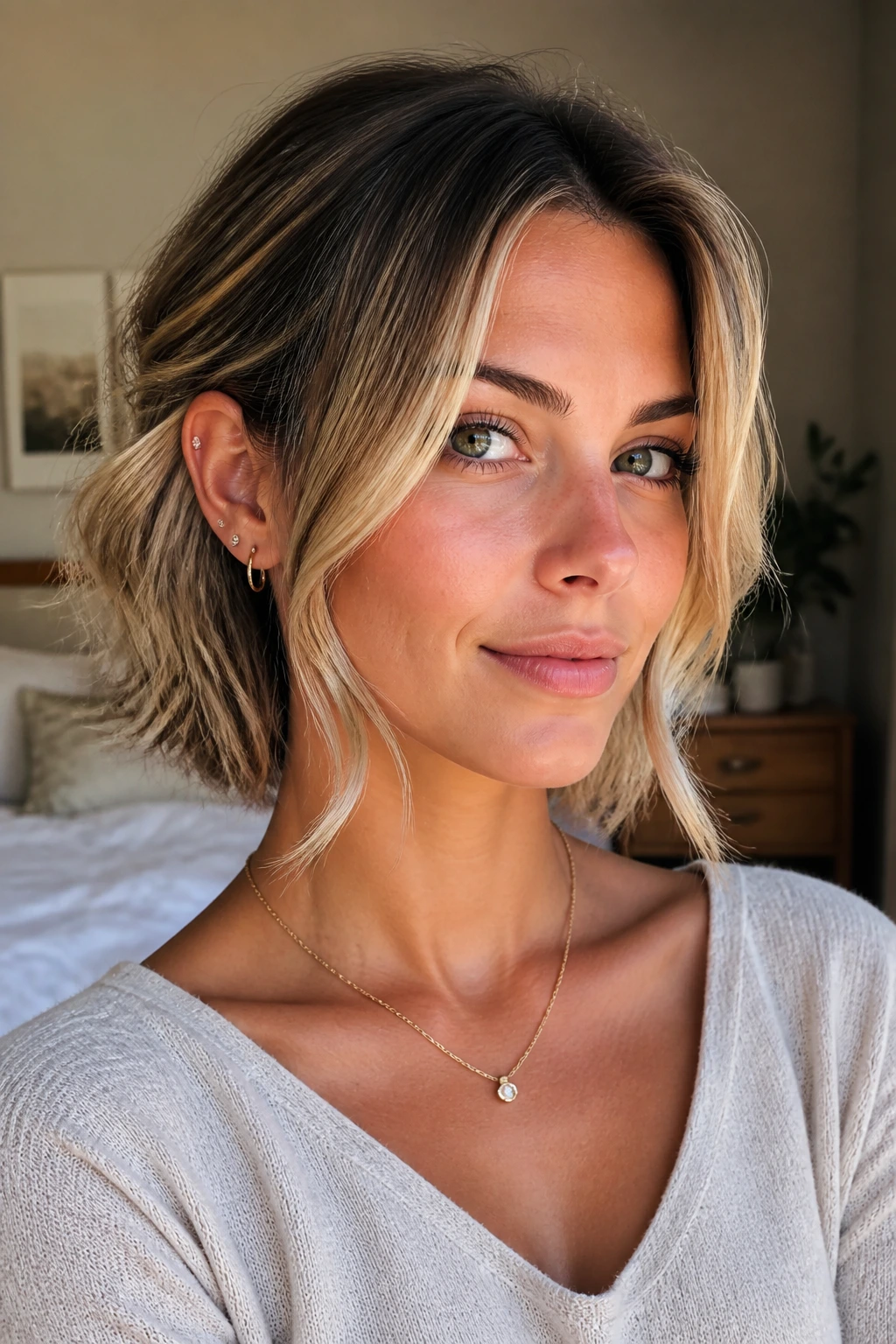 Close-up of a real woman with chin-starting face-framing layers and beachy waves.