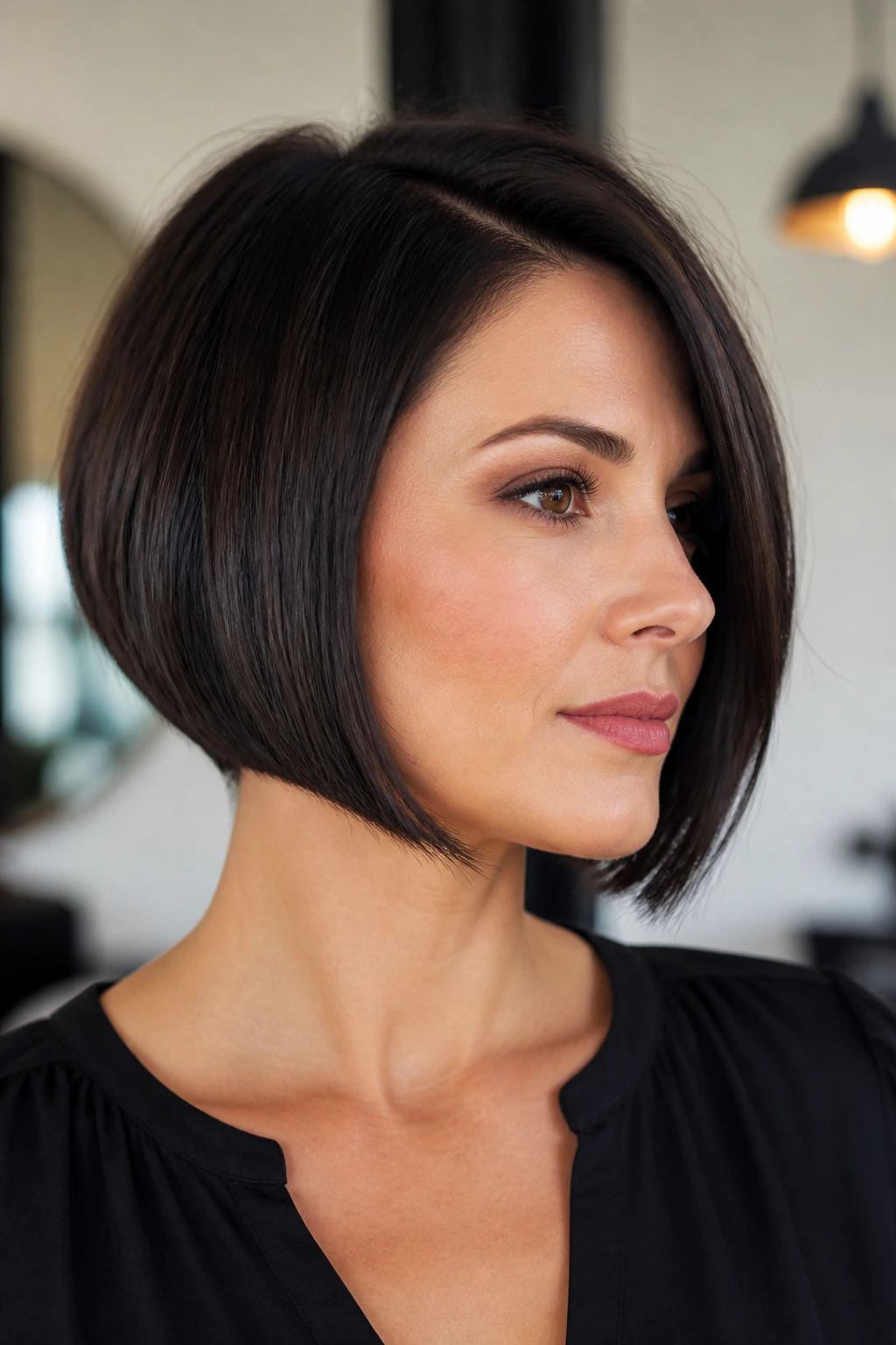 Real woman with chin-length front and blunt ends, deep side part, close-up portrait
