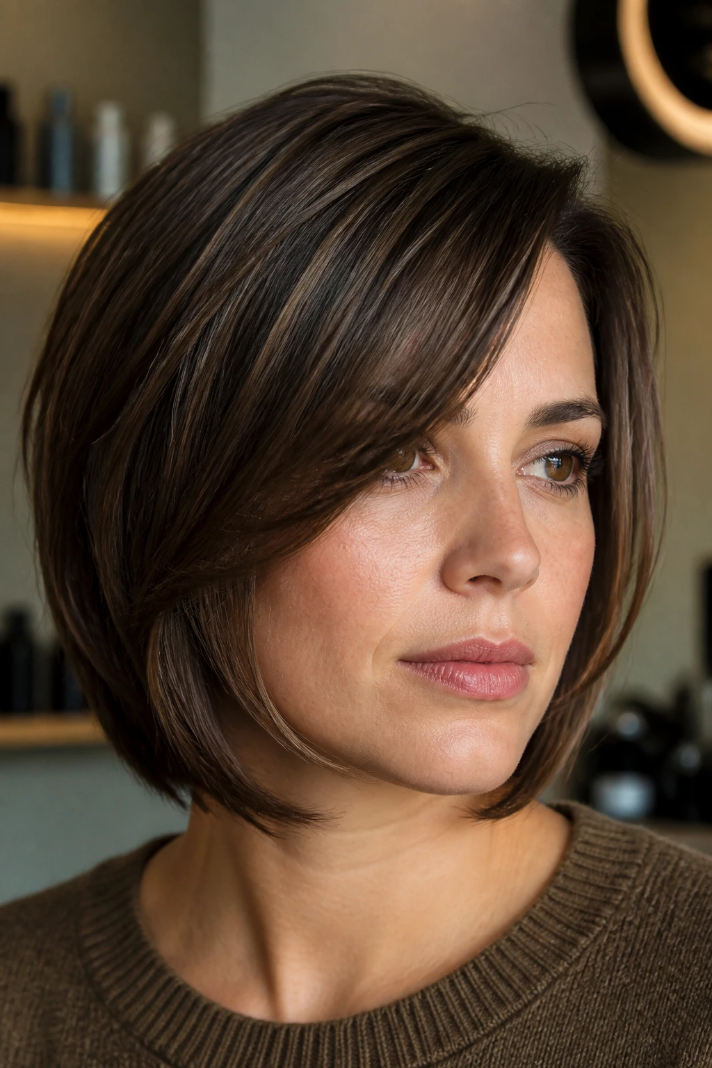 Woman with chin-grazing side arc fringe