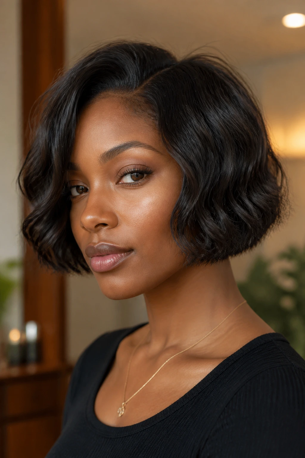 Close-up of a real Black woman with a chin-grazing soft wave bob