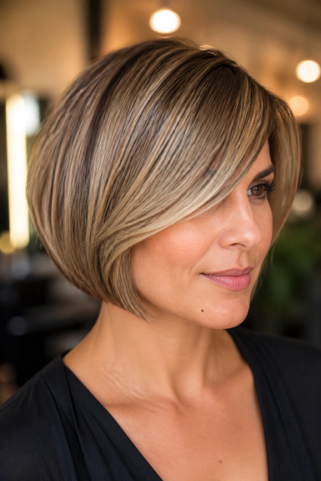 Portrait of a woman with a chin-length bob and beige babylights