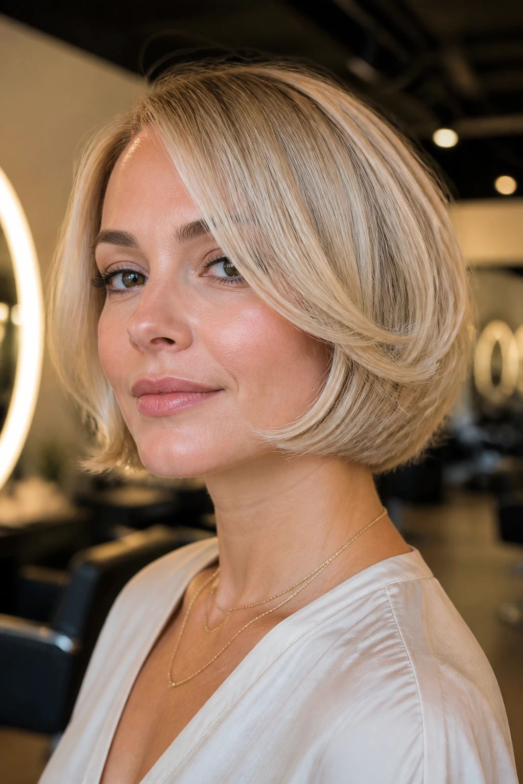 Close-up portrait of a real woman with a chin-grazing bob and soft flicks in champagne blonde