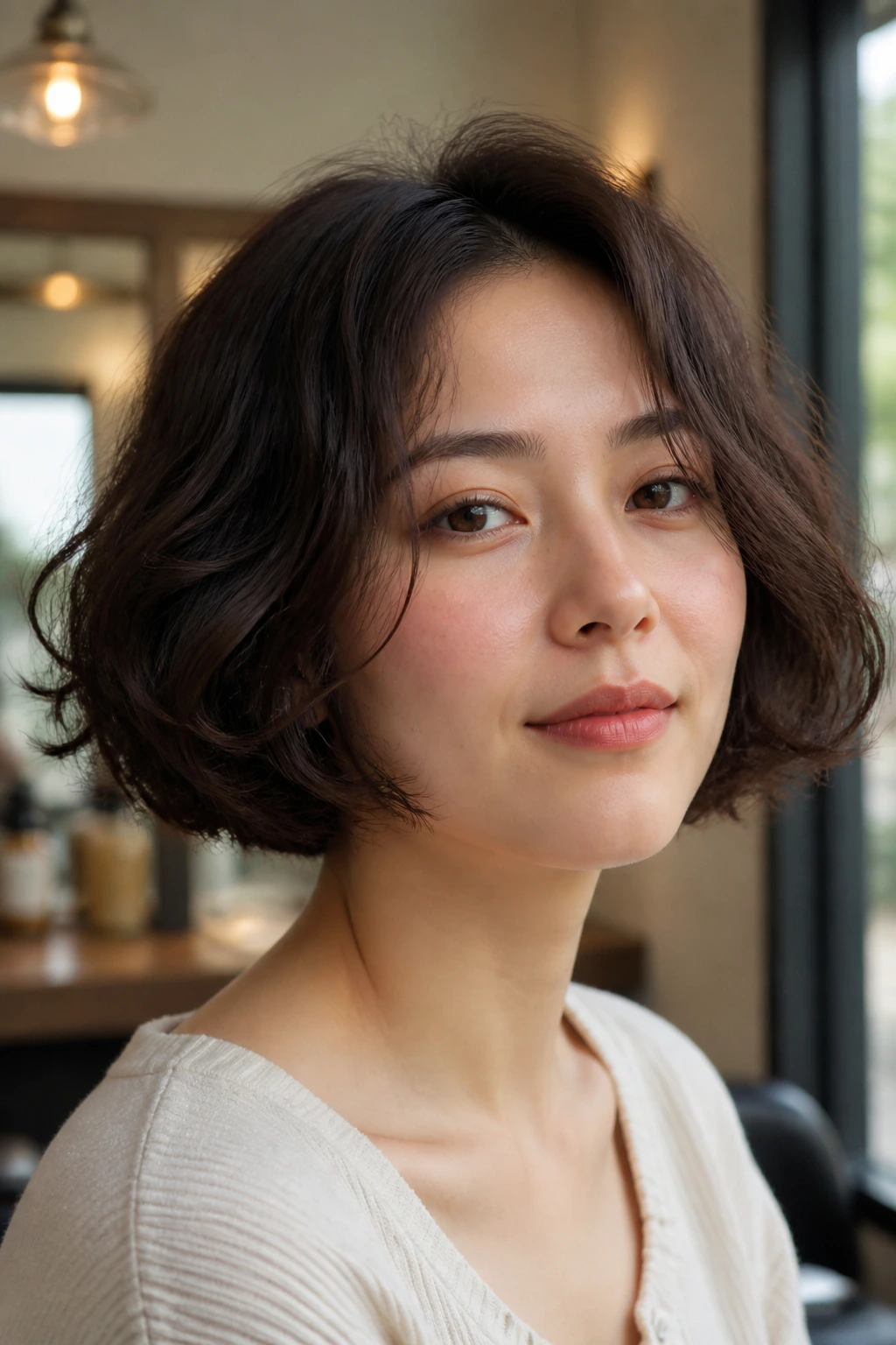 Close-up of a woman with a chin-grazing soft Korean bob