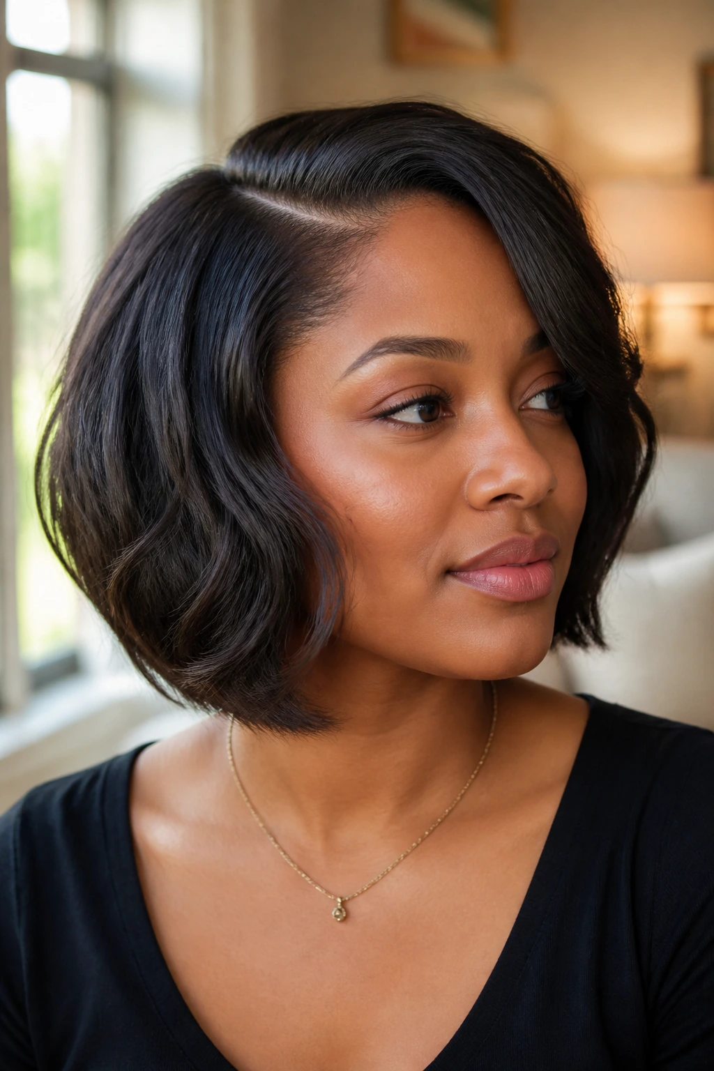 Real person with chin grazing soft bob and curved side part in warm daylight