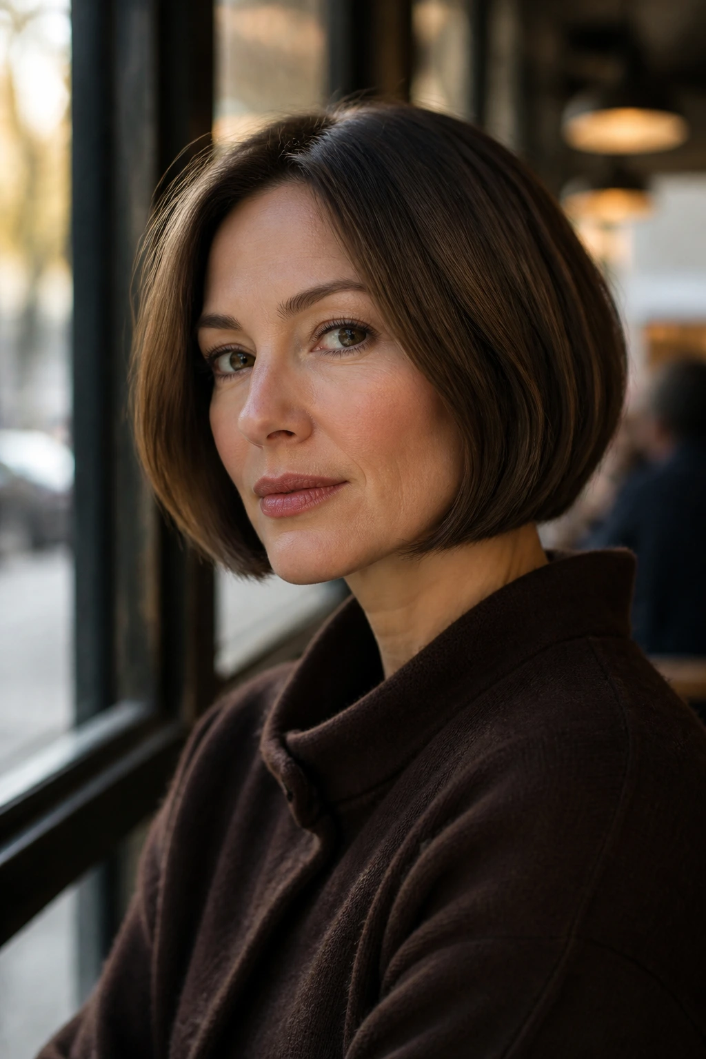 Close-up of a real woman with a crisp chin-length bob and clean jawline