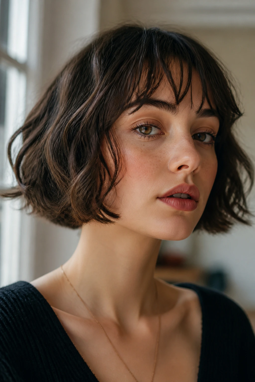 Portrait of a woman with chin-length French bob at the jawline and soft waves