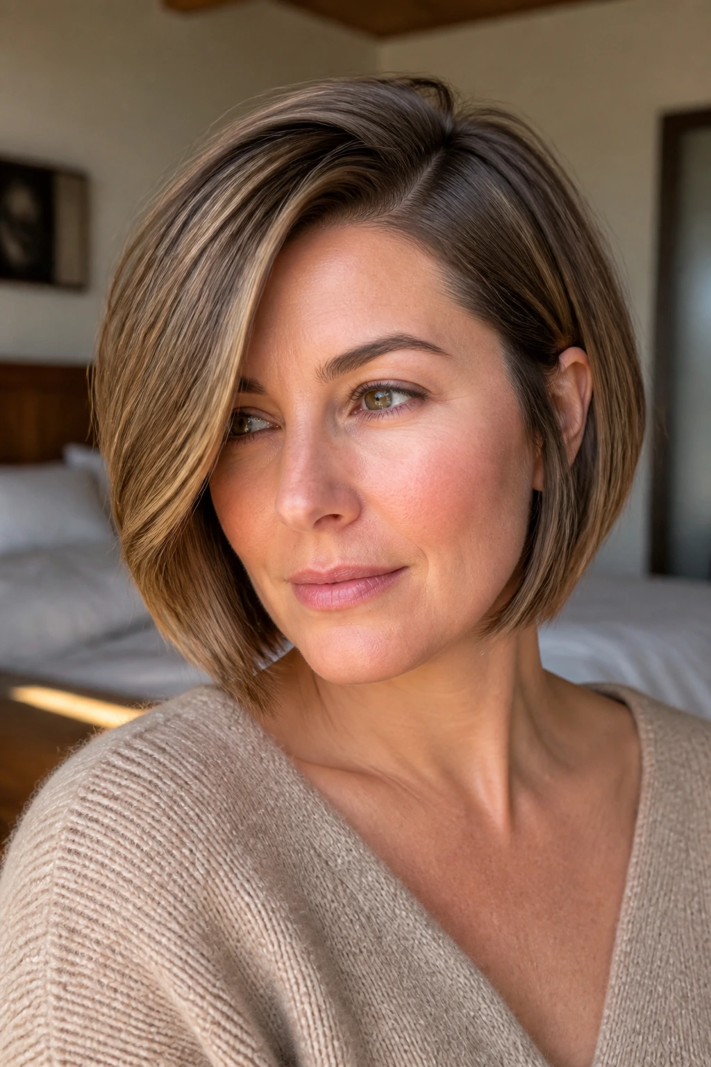 Close-up of a woman with a chin-grazing soft bob and deep side part, diagonal eye line.