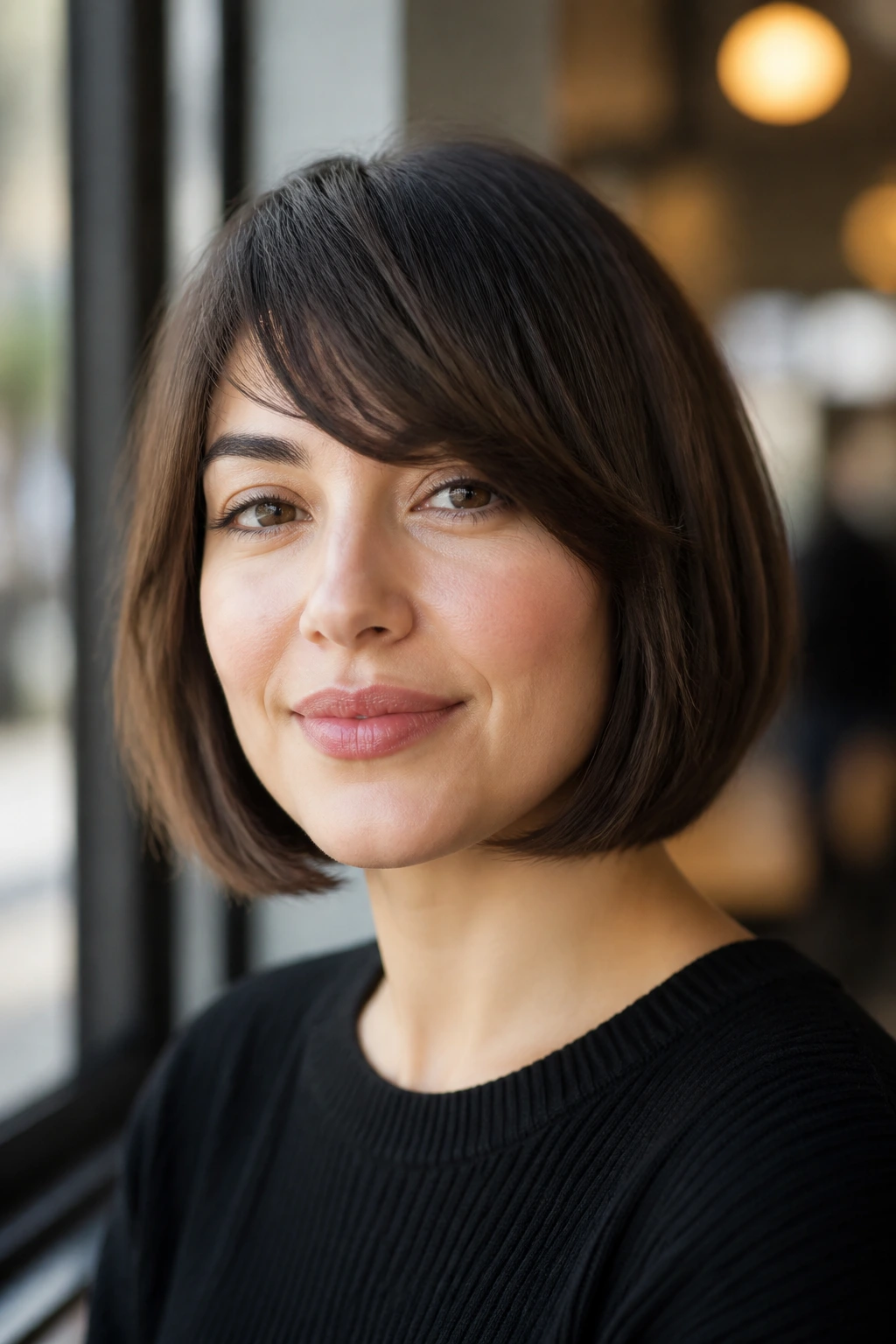 Close-up portrait of a real woman with chin-length bob and side-swept bangs