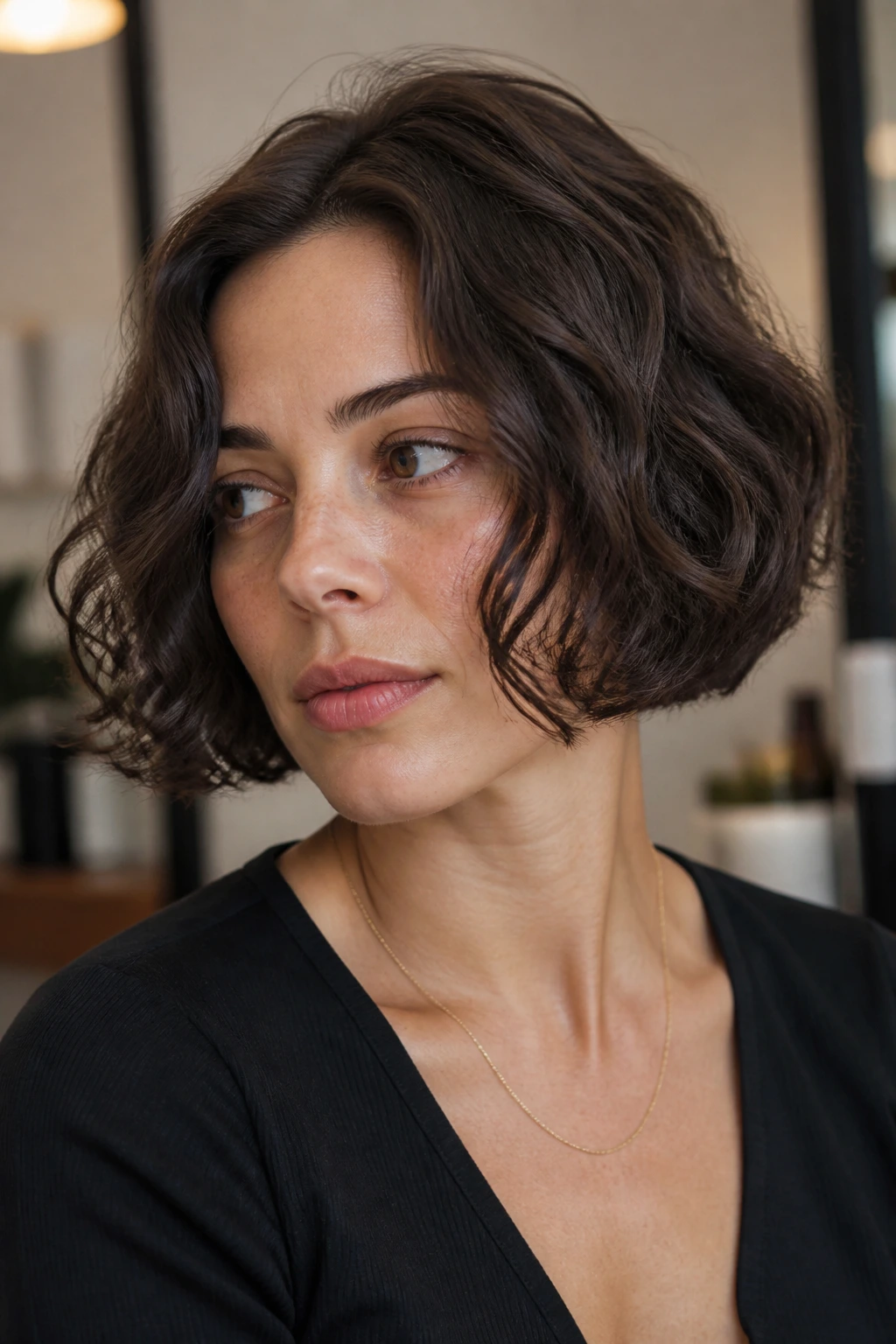 Portrait of a real woman with chin-grazing curled bob
