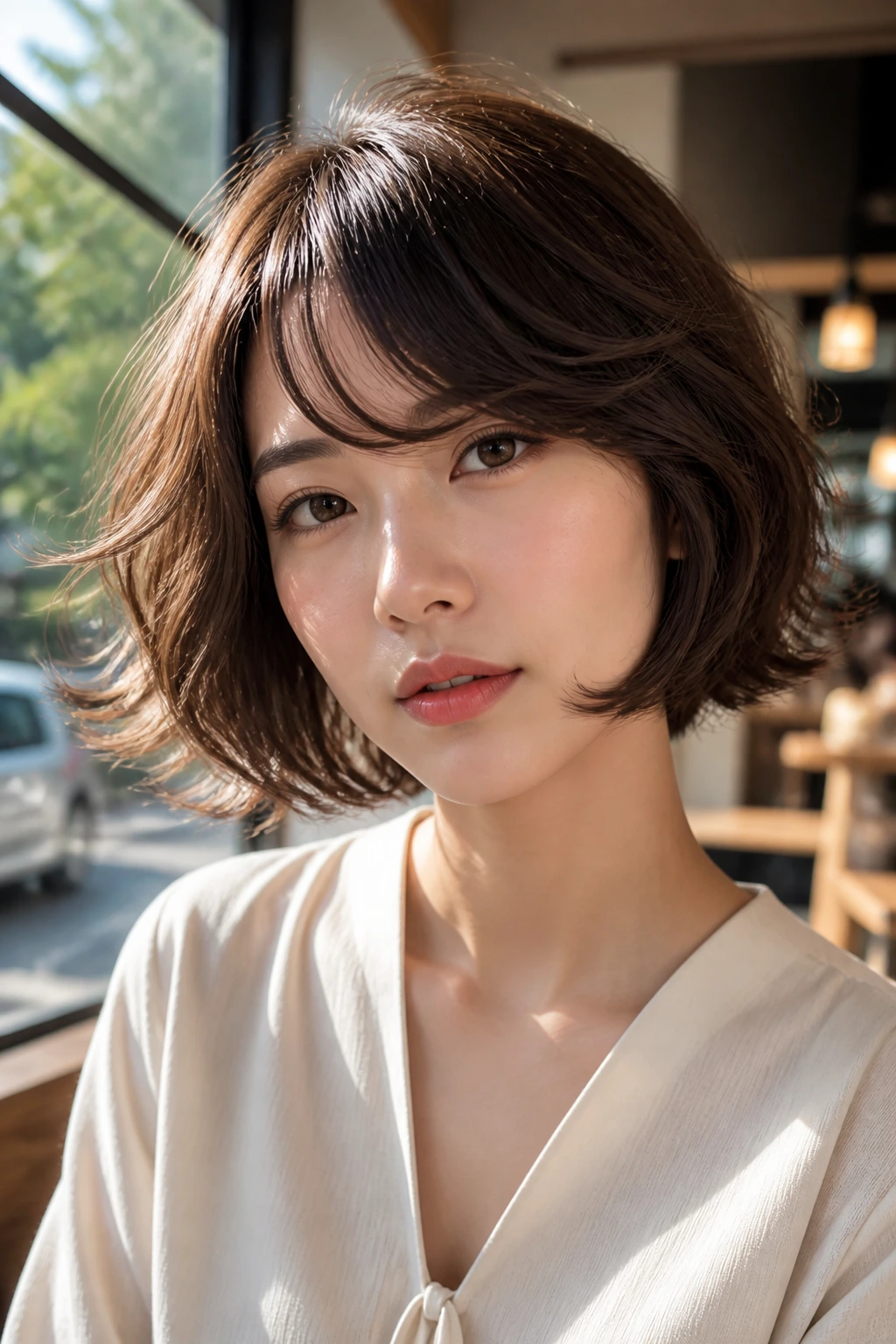 Real woman with chin-length swing bob and side-swept bangs.