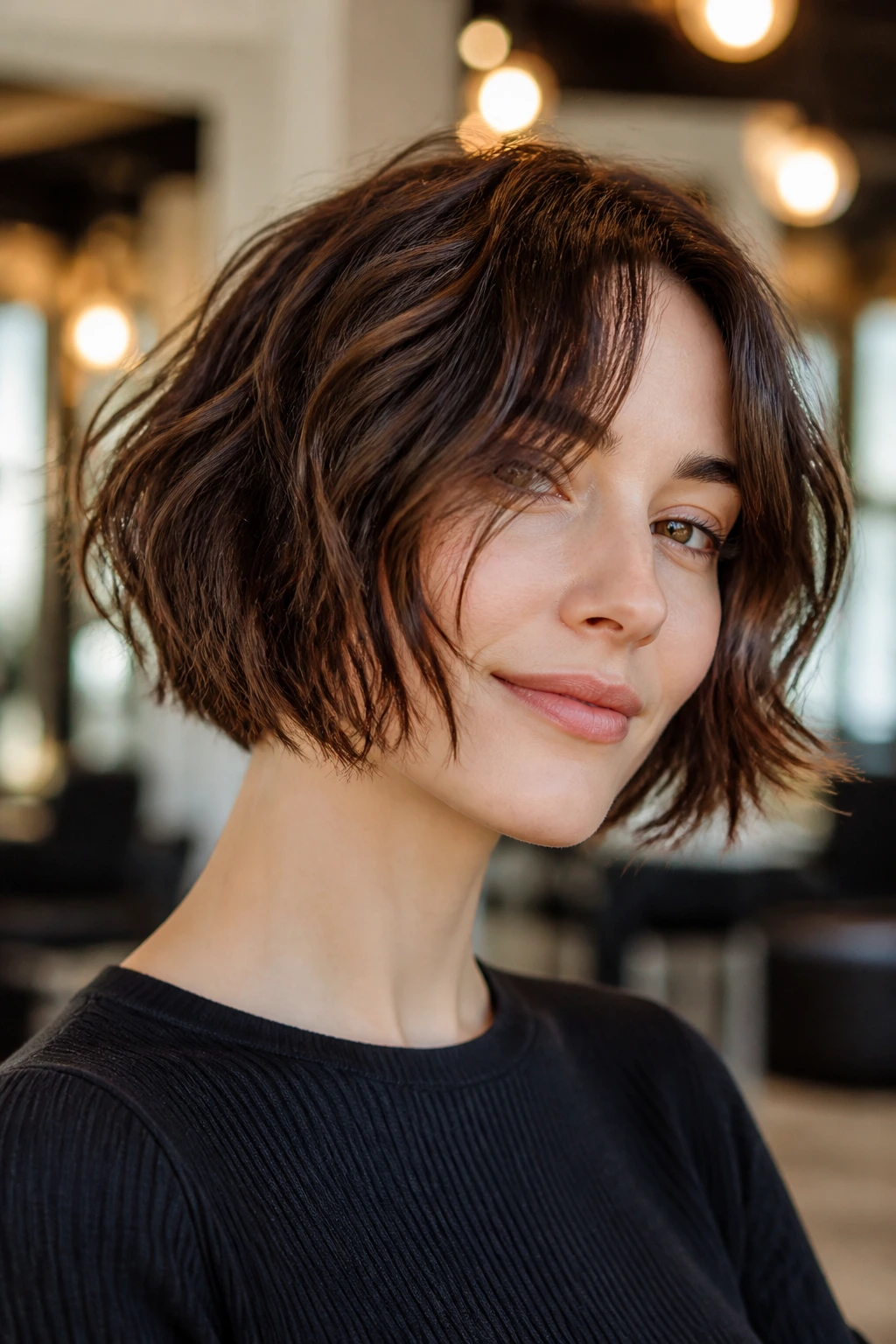 Chin-grazing French chop on real woman with jaw-length waves