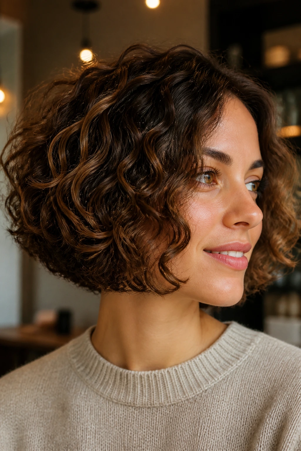 Real woman with chin-grazing curly bob and chestnut lowlights in warm indoor light