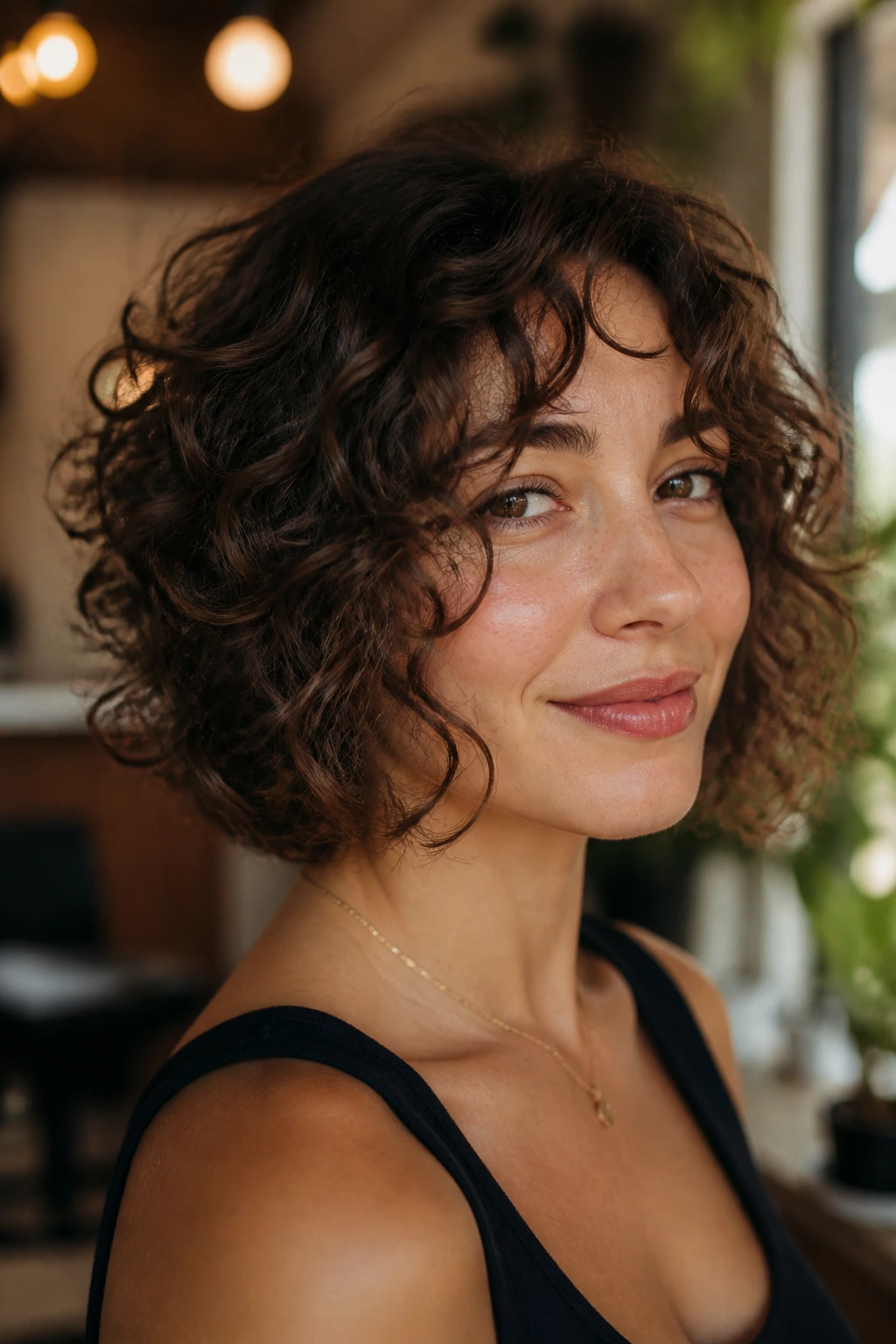 Portrait of woman with chin-grazing curly framing layers