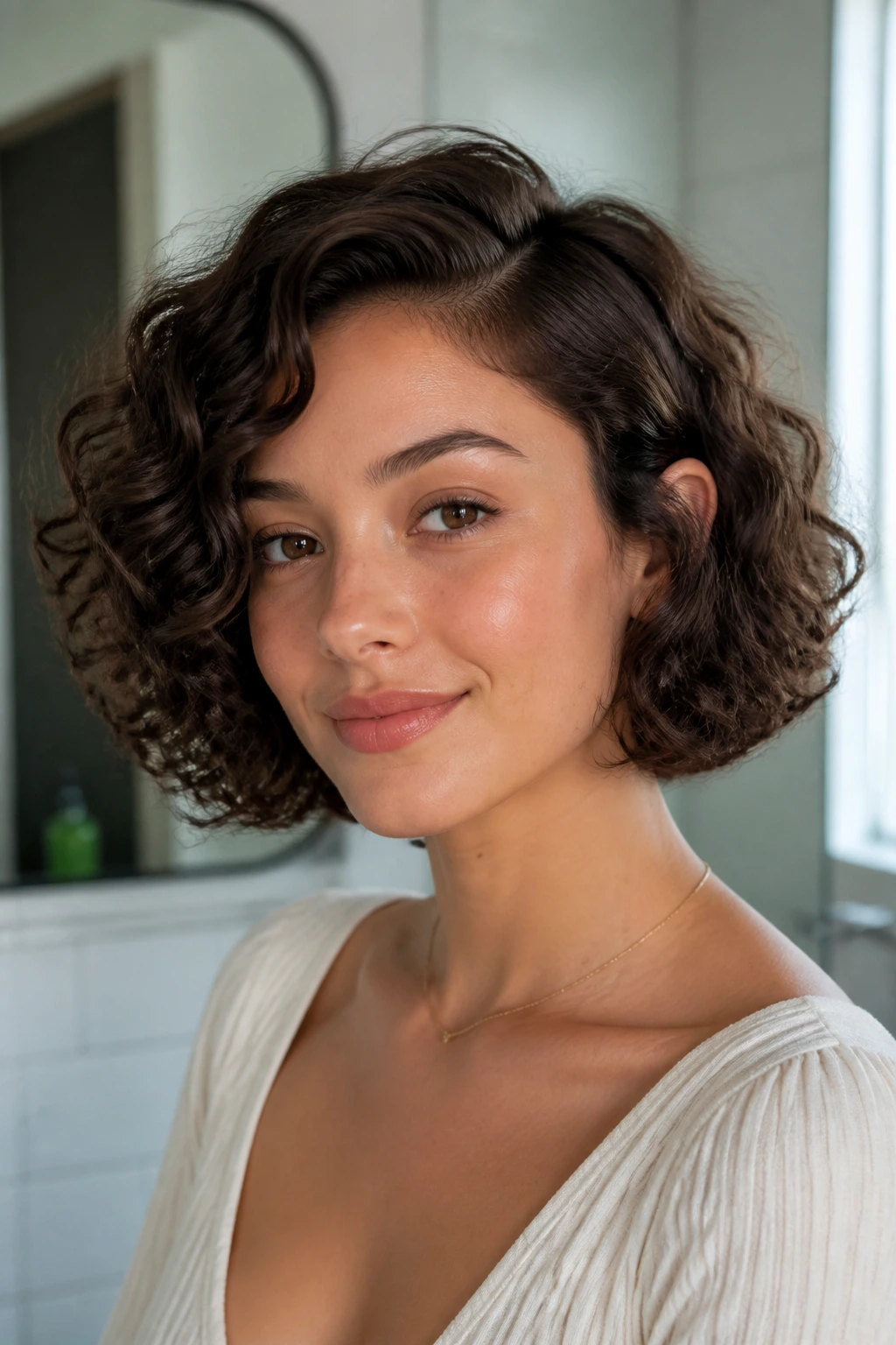 Close-up of a real woman with chin-grazing curly bob and soft side part