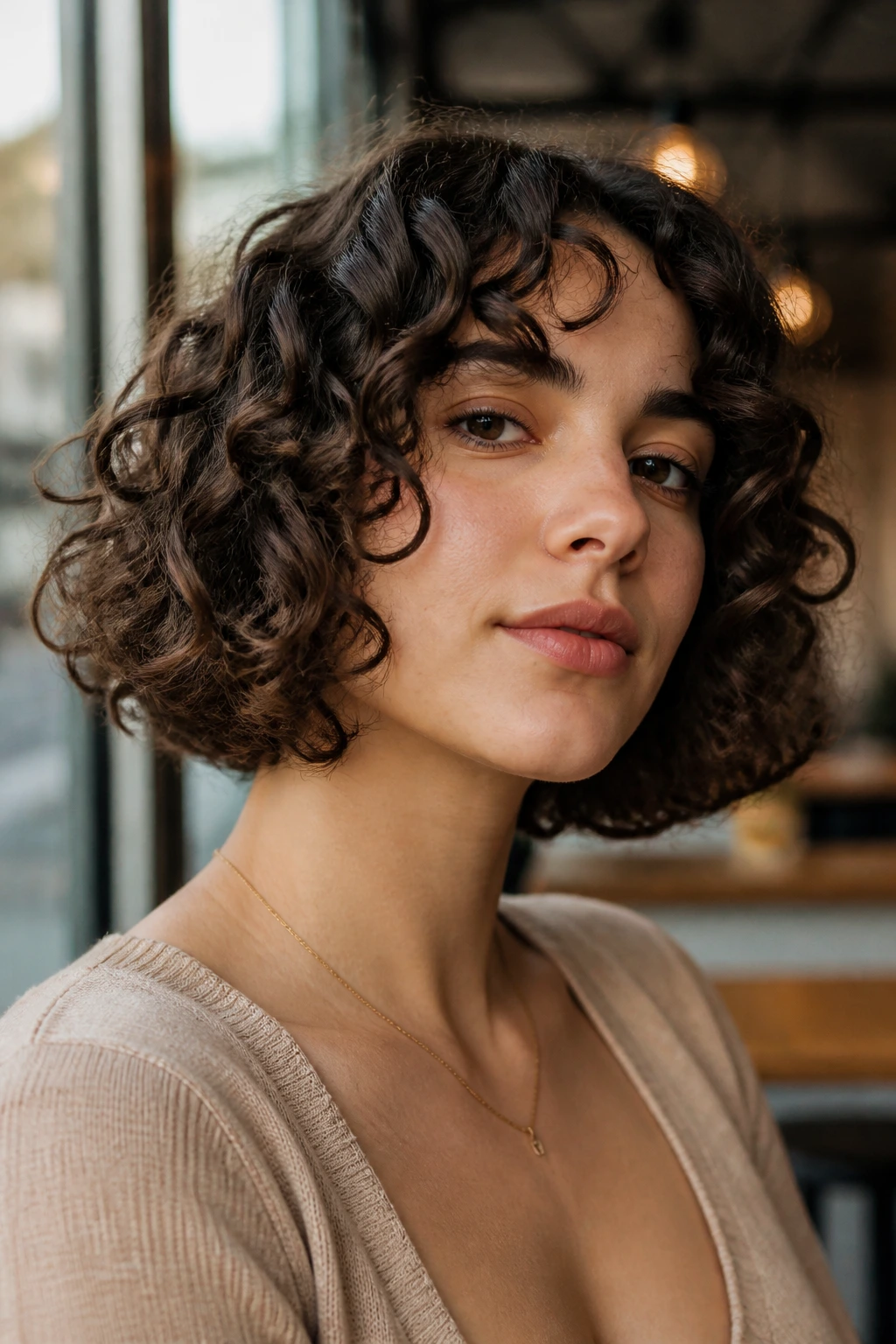 Close-up portrait of a real person with chin-length curls grazing the chin