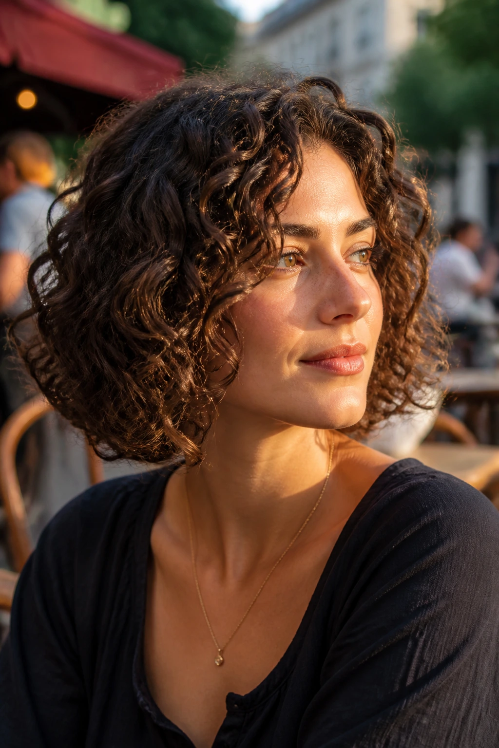 Close-up portrait of a woman with chin-grazing curly lob framing the jaw